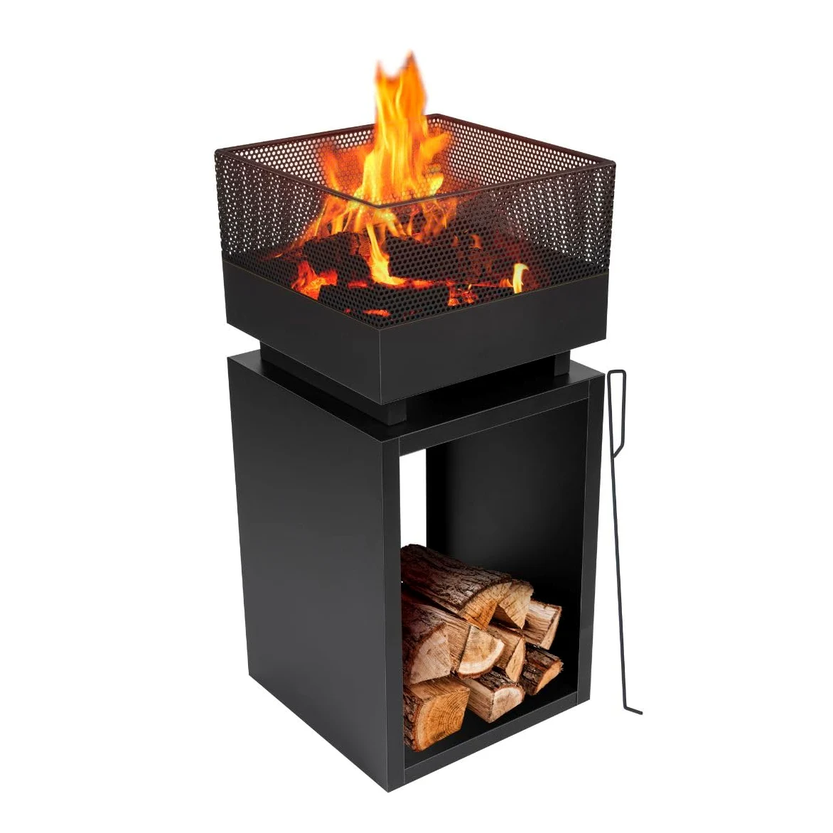 BBQ Collection Brasero Exterieus avec Pare-Étincelles - Cheminée de Jardin 39 x 39 x 85 cm - Cheminée Decoration Jardin Exterieur et Rangement du Bois de Chauffage - Acier au Carbone