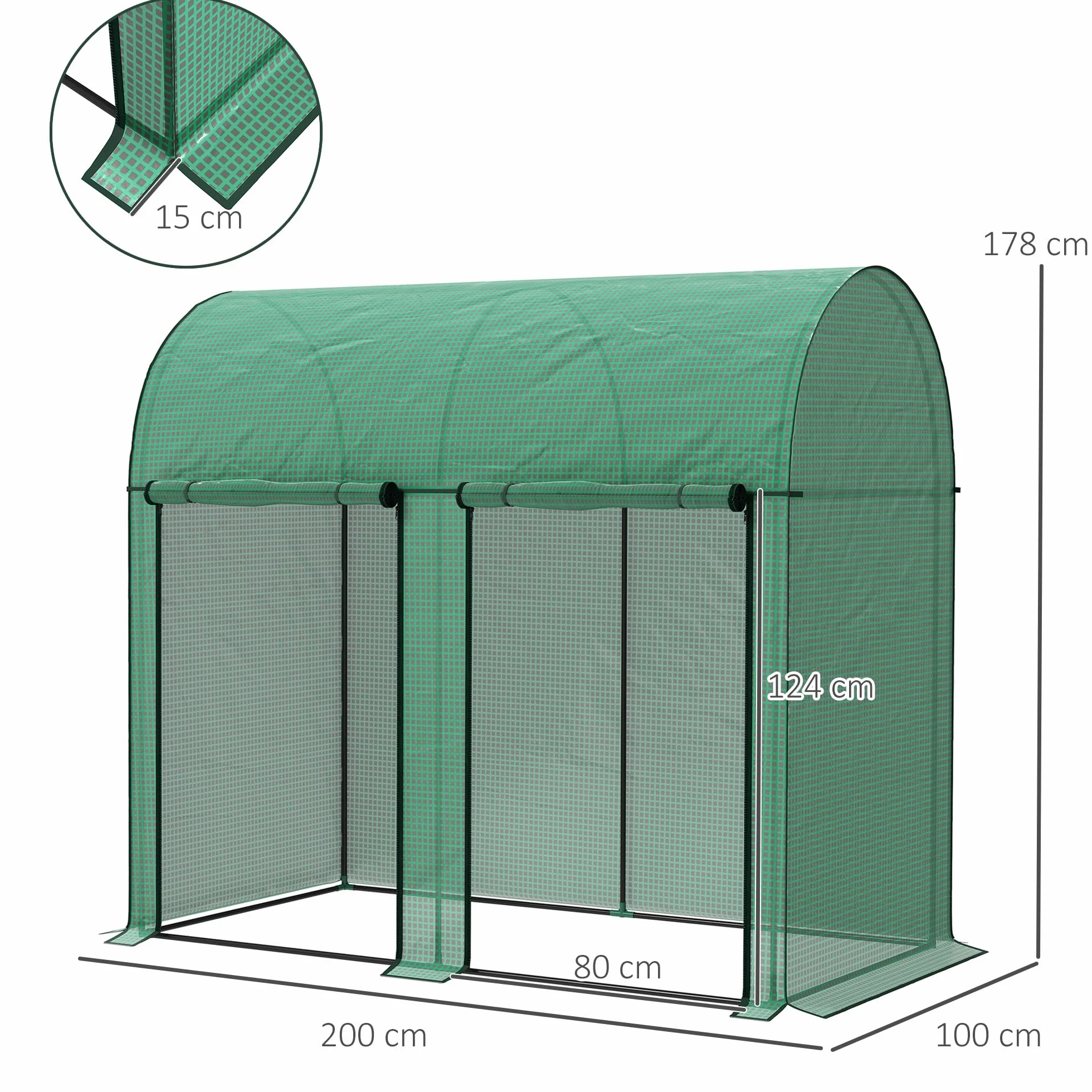 Outsunny Serre de Jardin PE, Serre de Balcon, bâche renforcée 140 g/m², châssis en Acier, 2 Portes zippées enroulables, pour légumes Plantes Fleurs, intérieur et extérieur, 200 x 100 x 178 cm, Vert