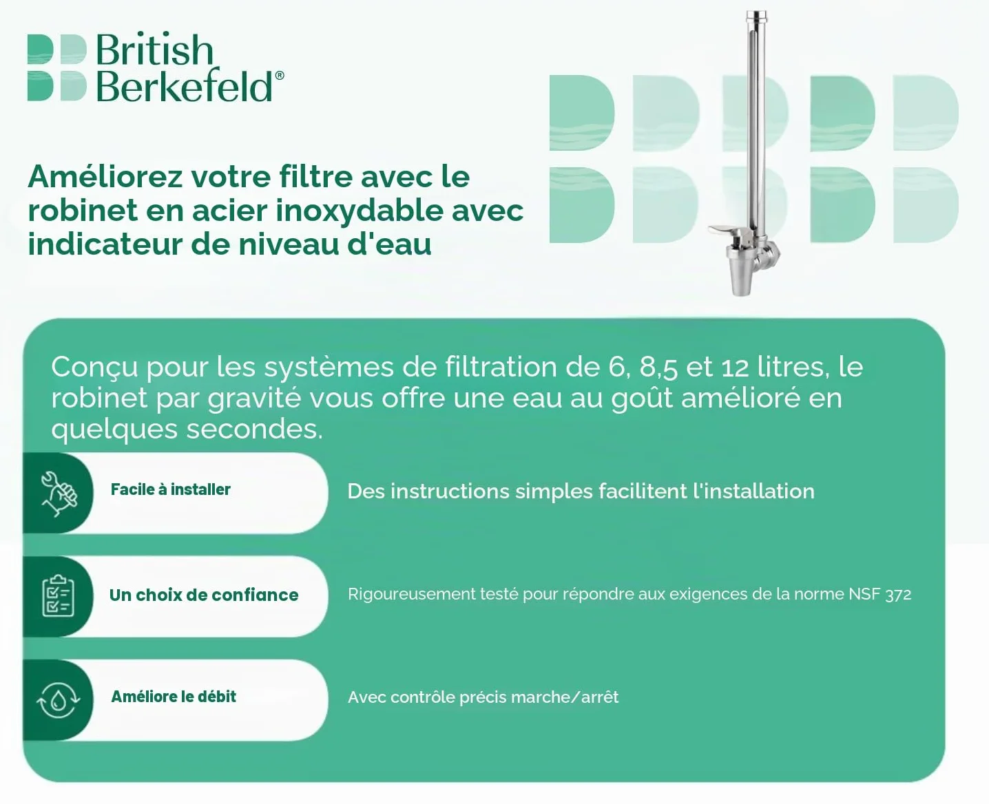British Berkefeld Robinet À Bec En Acier Inoxydable Avec Jauge De Niveau D'eau Compatible 6-12 Litres