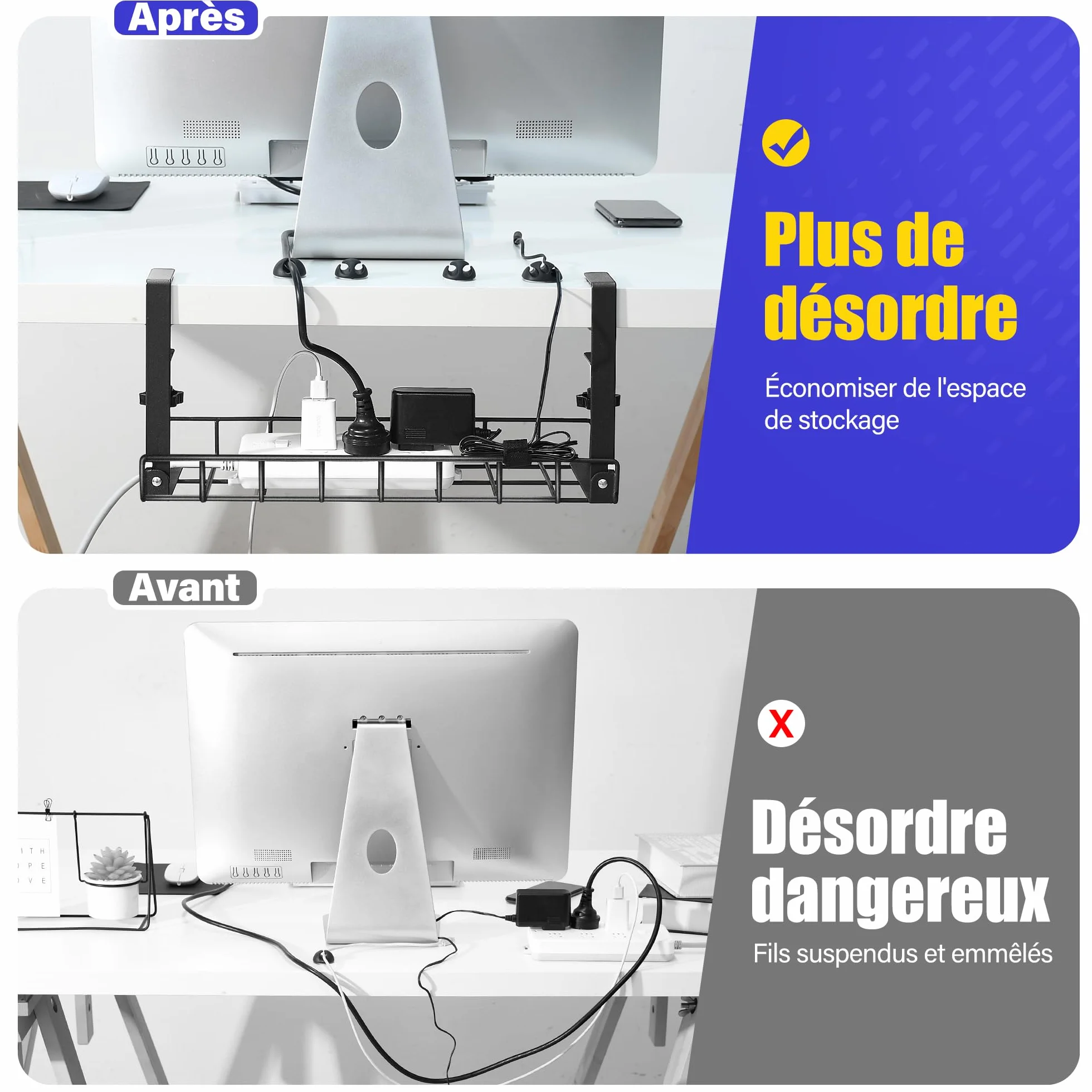 Plateau de Gestion des Câbles sans Perçage, Support de Câbles d'Ordinateur pour Bureau Noir
