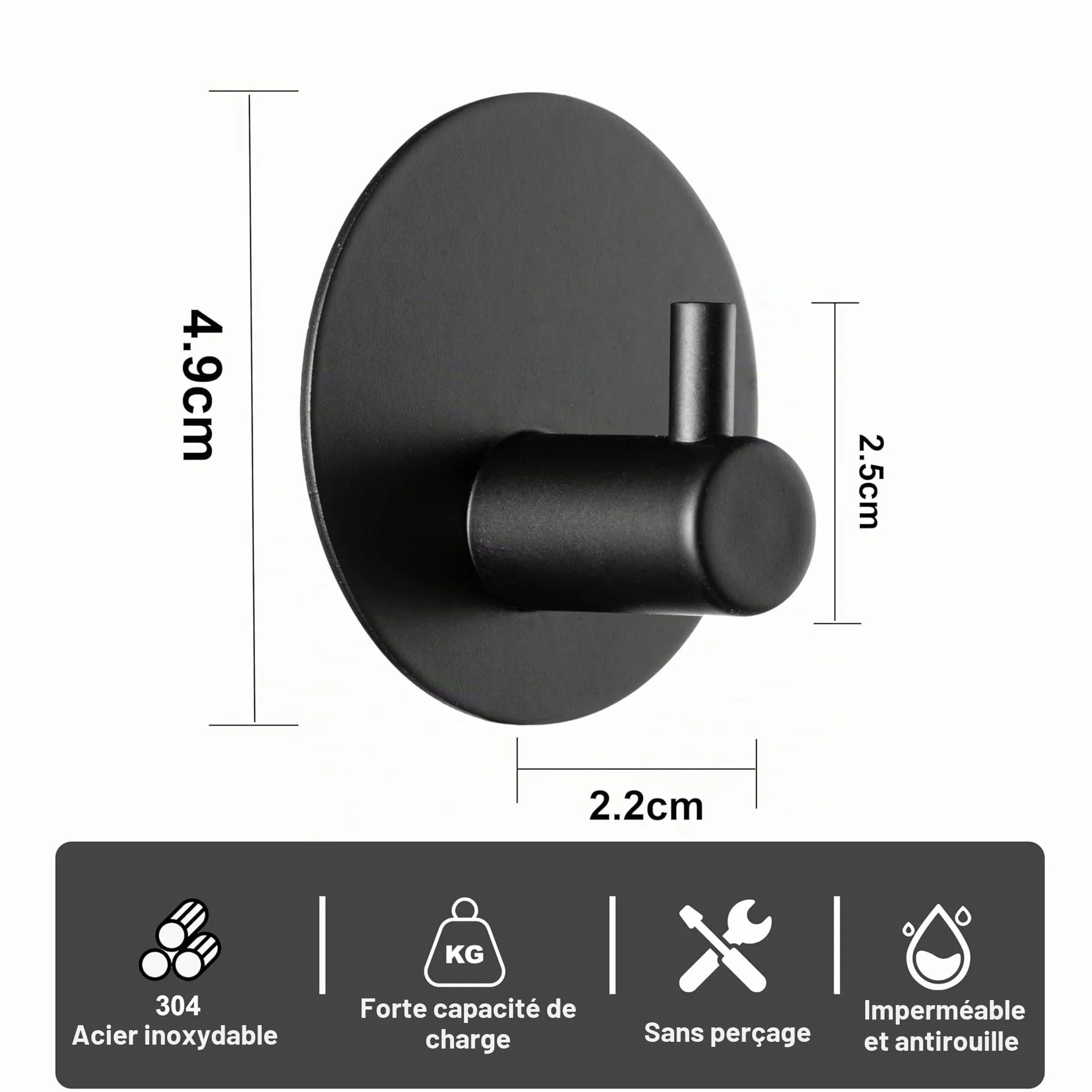 Feligio Crochet Adhésif Mural Noir 4 Pièces, Patère Salle de Bain Acier Inoxydable
