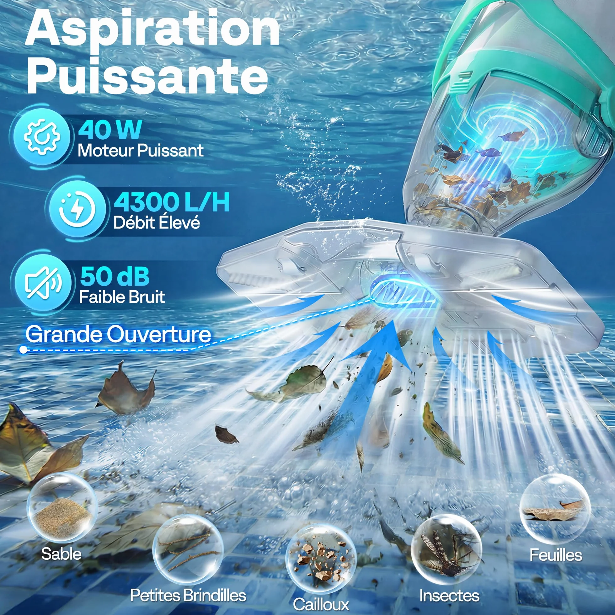 VIVOHOME Aspirateur de Piscine sans Fil 72LPM avec Batterie, Nettoyeur Portable 4 Sacs Filtrants 2,6L, Perche Télescopique 250cm