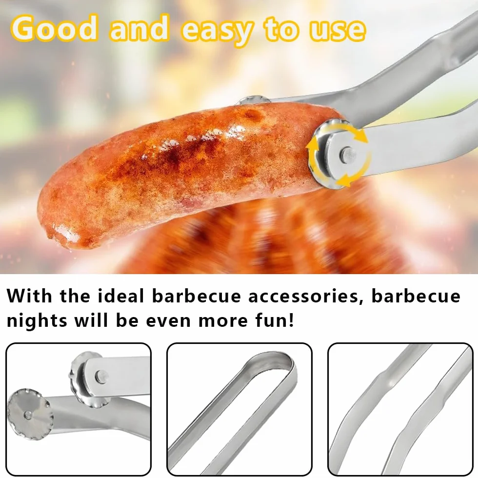 Pince Retourne Saucisse,2 Stück BBQ Würstchen Wendezange,Pince Barbecue Grill Up,Pince Barbecue Longue,Pince Barbecue Roulette,Pince à Grillade Roulette,Pince à Retourner les Saucisse BBQ