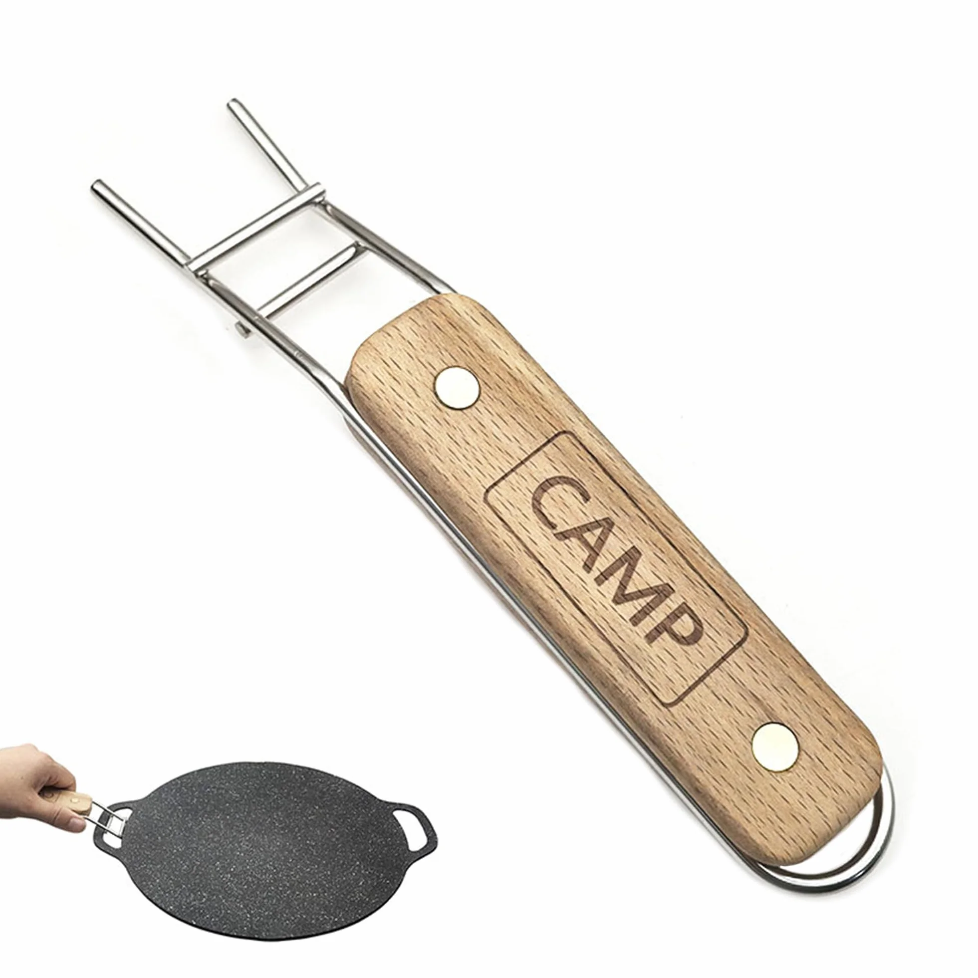 Poignée de Barbecue en Acier Inoxydable avec Lève grille en Bois Holder Anti brûlure avec Poignée en Bois pour Plaque de Barbecue Levier de Grille de Barbecue pour camping en plein air