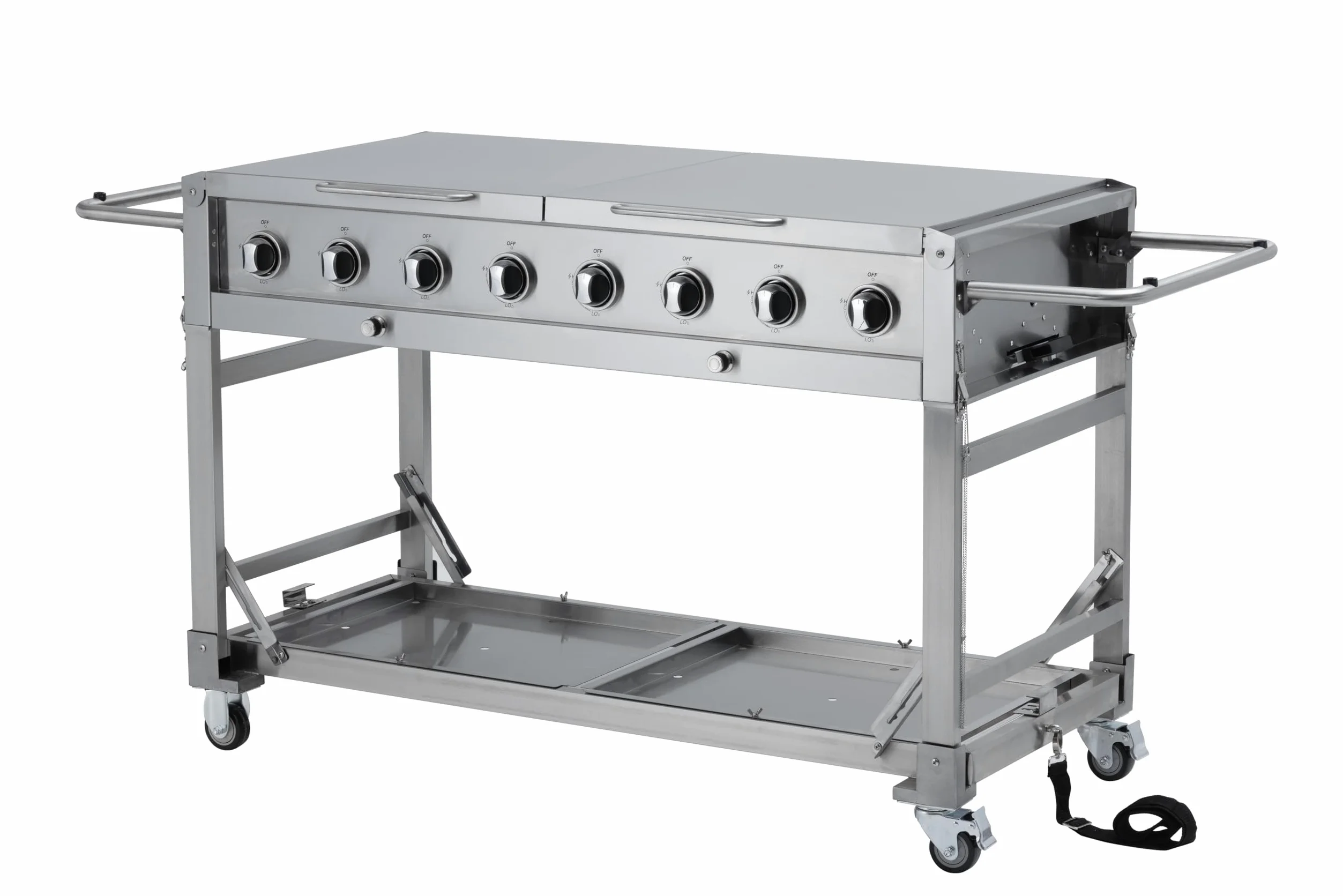 METRO Professional Barbecue à Gaz, Acier Inoxydable, 8 Brûleurs, 32 kW, Puissance 116 000 BTU, 4 Grilles de Cuisson, Roulant, Tables Pliables, Argent