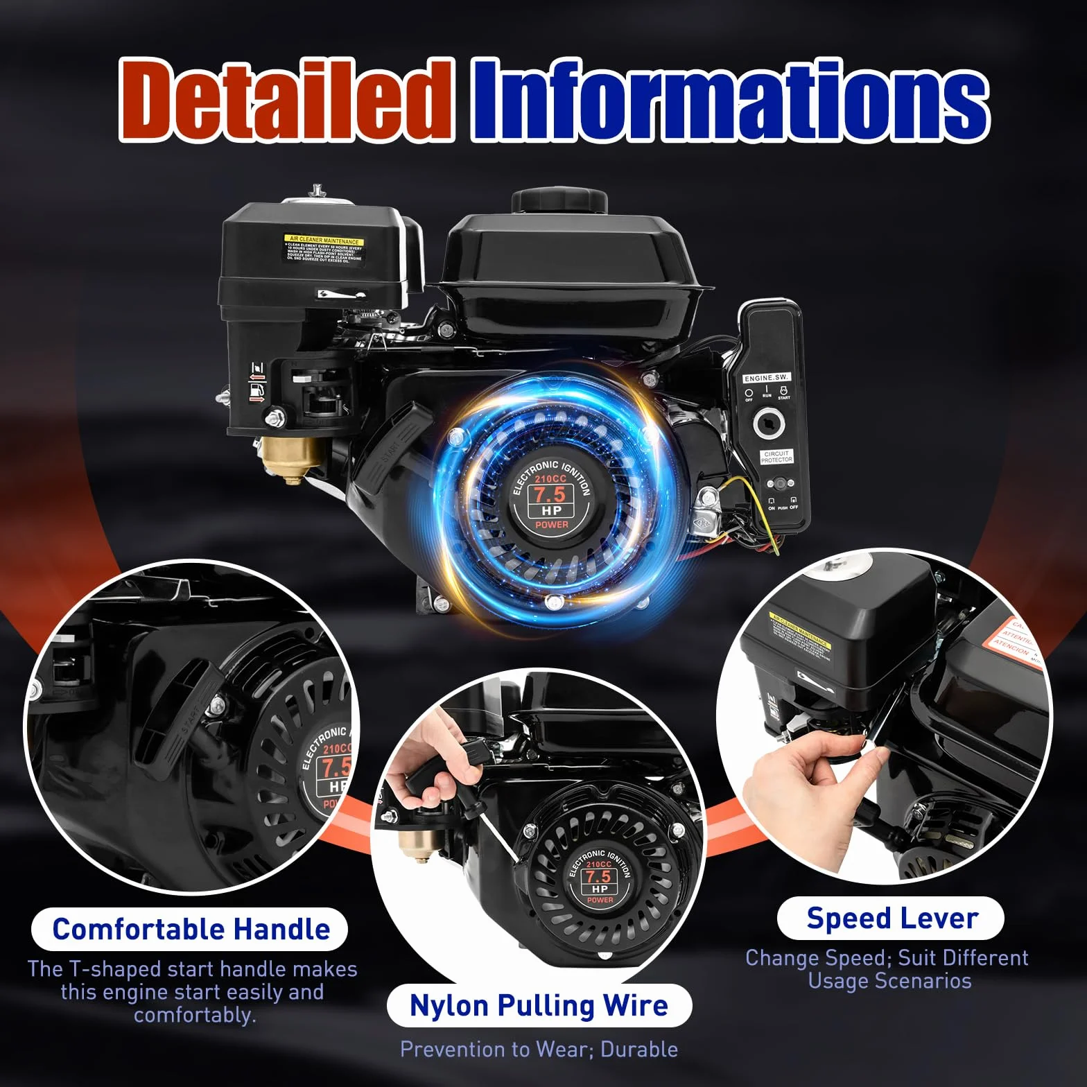 Moteur horizontal 212 cm³ Démarrage électrique, 7,5 CV 4 temps OHV Design Go Kart Moteur à gaz -3600 tr/min pour compresseur tondeuse à gazon Go Kart, H0nda GX160