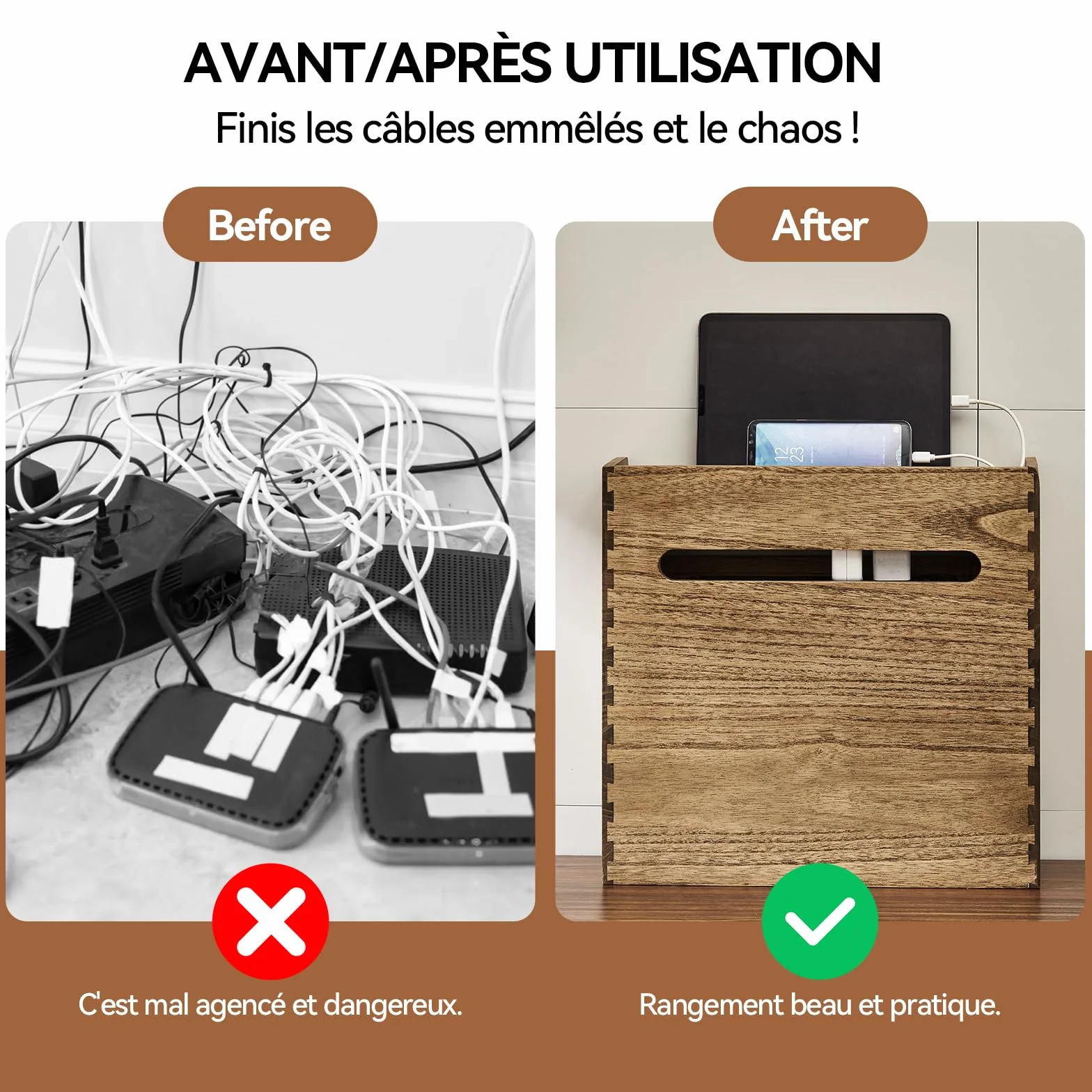 KIRIGEN Boîte de rangement pour routeur Wifi, étagère en bois pour câbles, gestion et organisation des câbles gelb-braun
