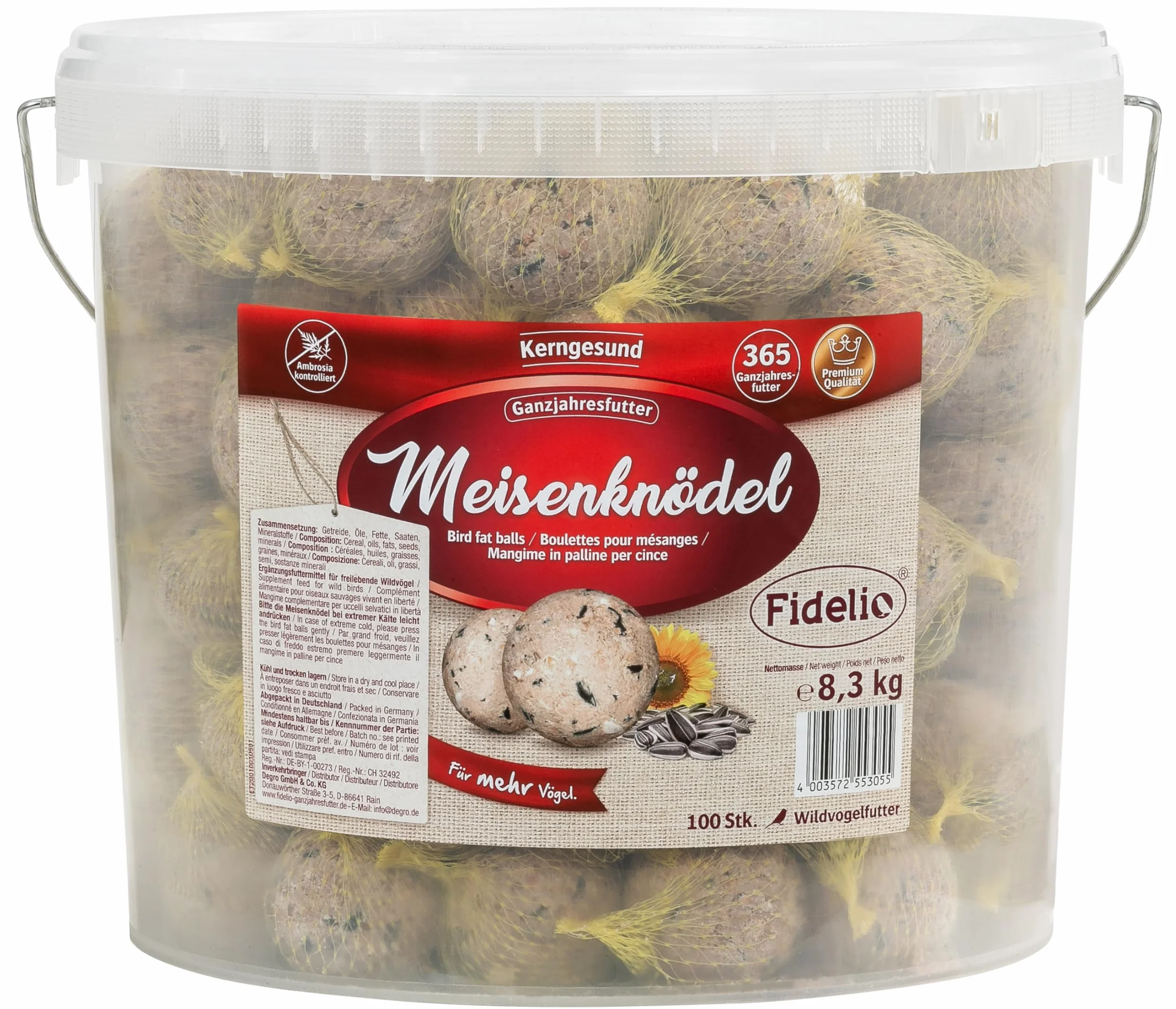 Fidelio Boules de Graisse avec Filet, Nourriture pour Oiseaux Sauvages Toute l'année, 100 pièces dans Un Seau, 8,3 kg