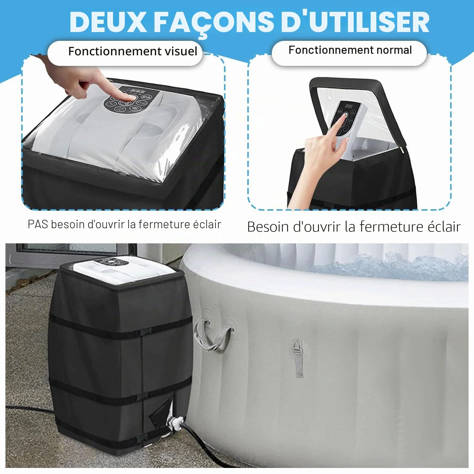 Housse De Chauffage pour Spa, Housse de Pompe de Chauffage avec ouverture à fermeture éclair et dessus en PVC transparent Windo, Imperméable, Aux UV, Abri Pompe Piscine 40 x 37 x 54 cm (Noir)