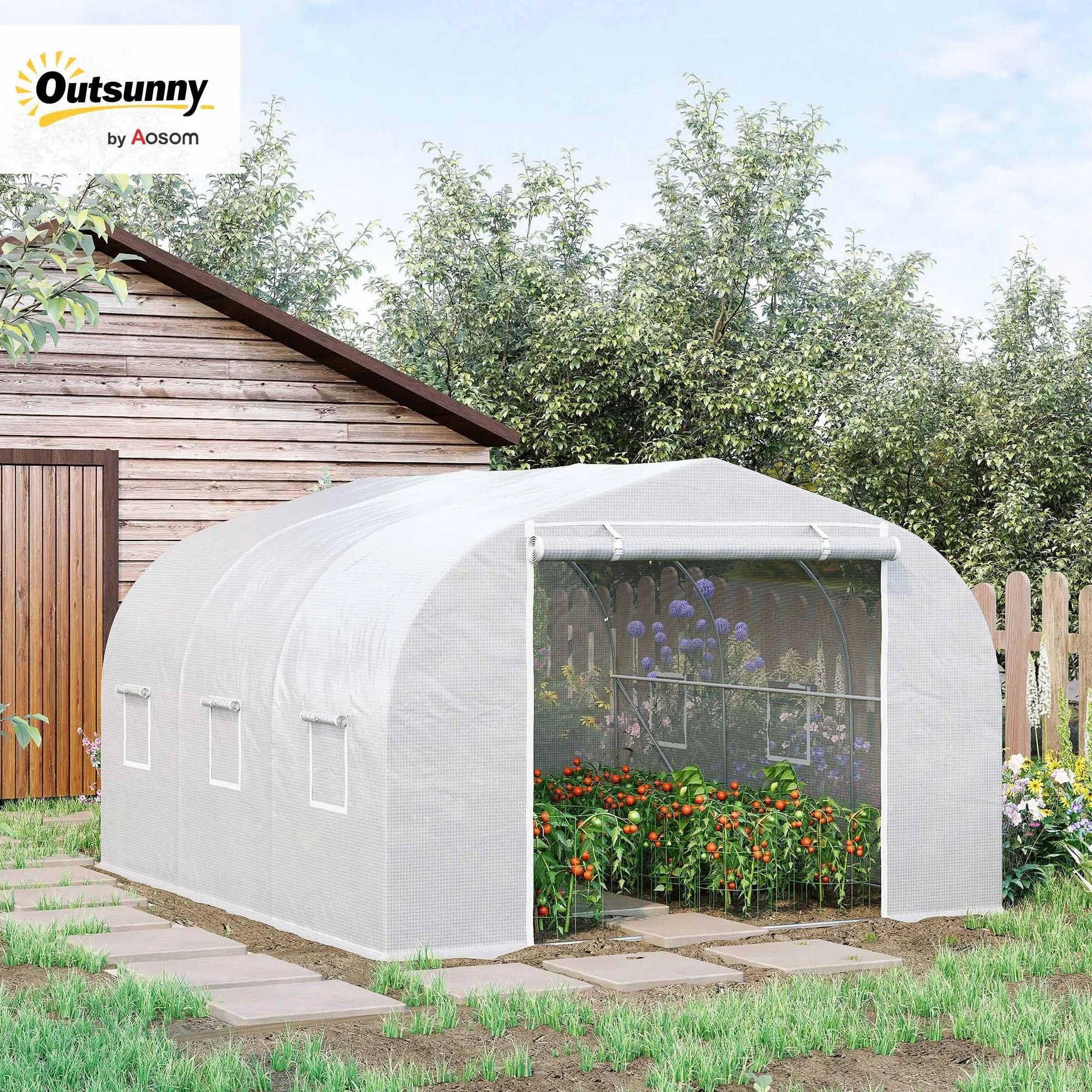 Outsunny Serre de Jardin Serre Tunnel de Jardin dim. 3,5L x 3l x 2H m Porte + 6 fenêtres enroulables Acier galvanisé bâche PE Haute densité Blanc