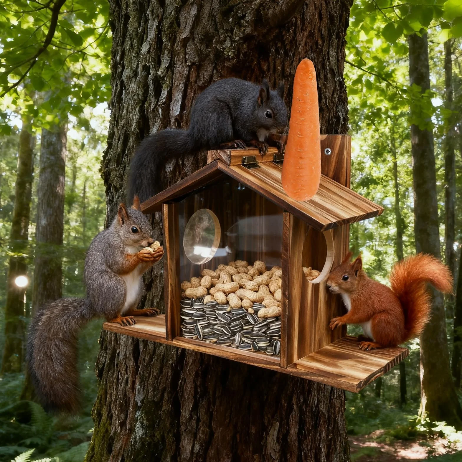 PORFOYO Mangeoire Écureuil Exterieur en Bois, Mangeoire en Bois pour Écureuil, Distrubuteur De Nourriture Écureuils, MaisonÉcureuil, Station d'alimentation pour Nourrir Les Écureuils