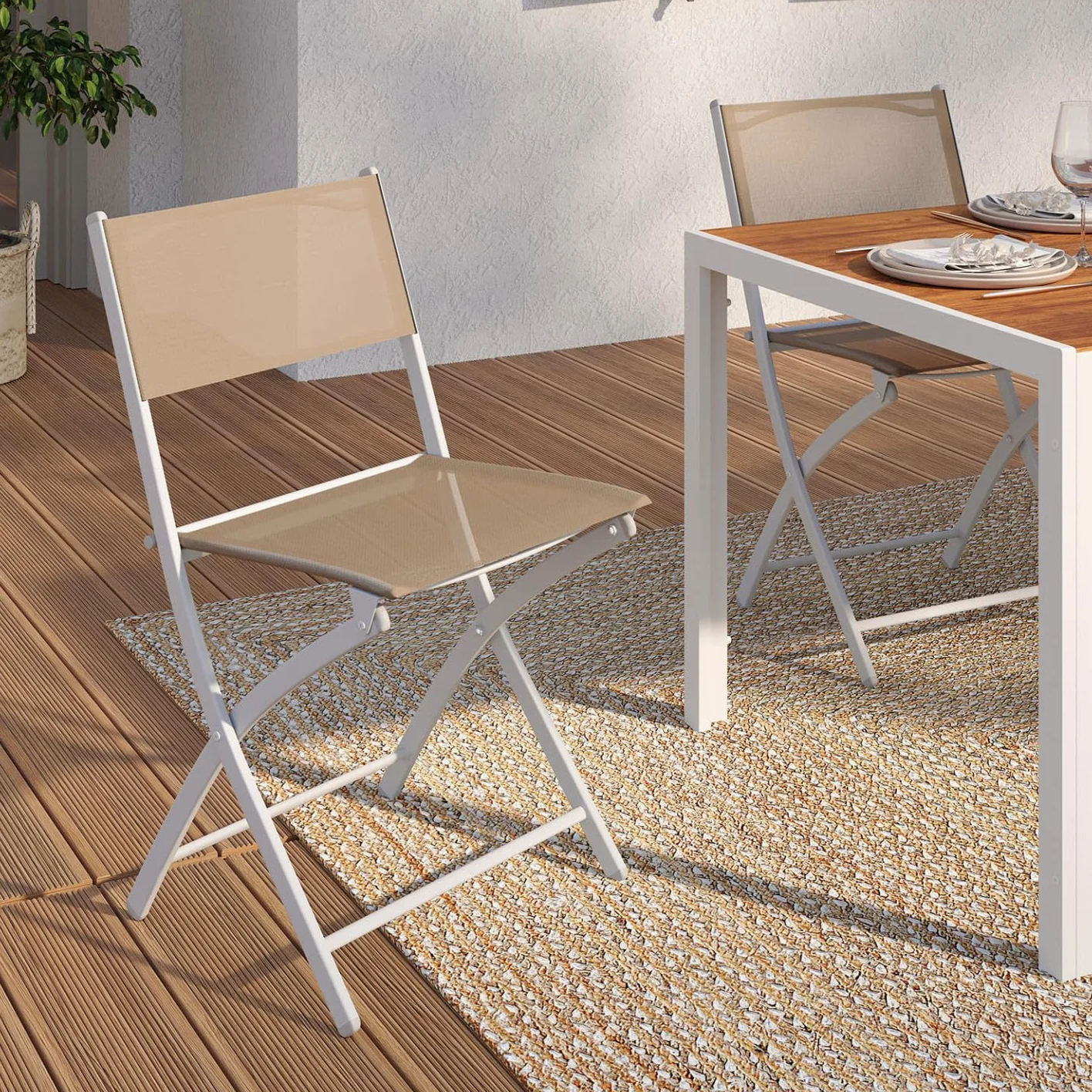 IDMarket - Lot de 6 chaises de Jardin Pliantes Bastia métal et textilène Blanc et Beige