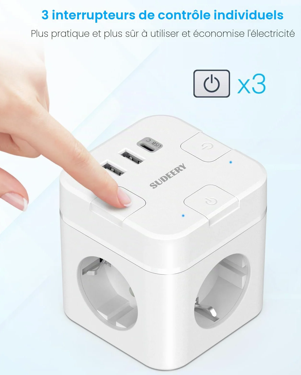 SUDEERY Cube de prise 6 en 1 avec USB C, 3 prises, prise plate, câble 2 m, multiprise USB type C, blanc