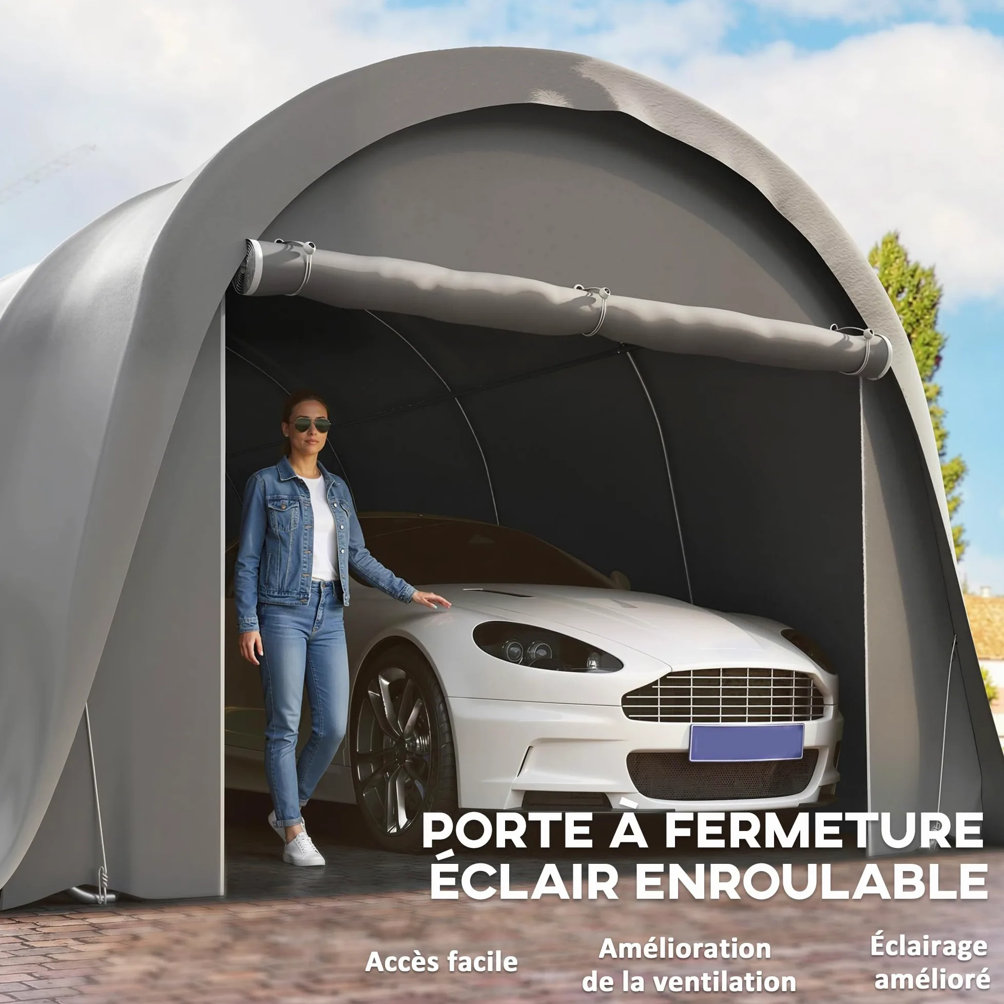 Outsunny Carport Tente de Garage 3,6 x 7,2 m, abri Voiture extérieur, Tente de Stockage avec parois latérales Amovibles et Grande Porte Roulante, carport pour Voiture, Camion, Bateau, Gris foncé