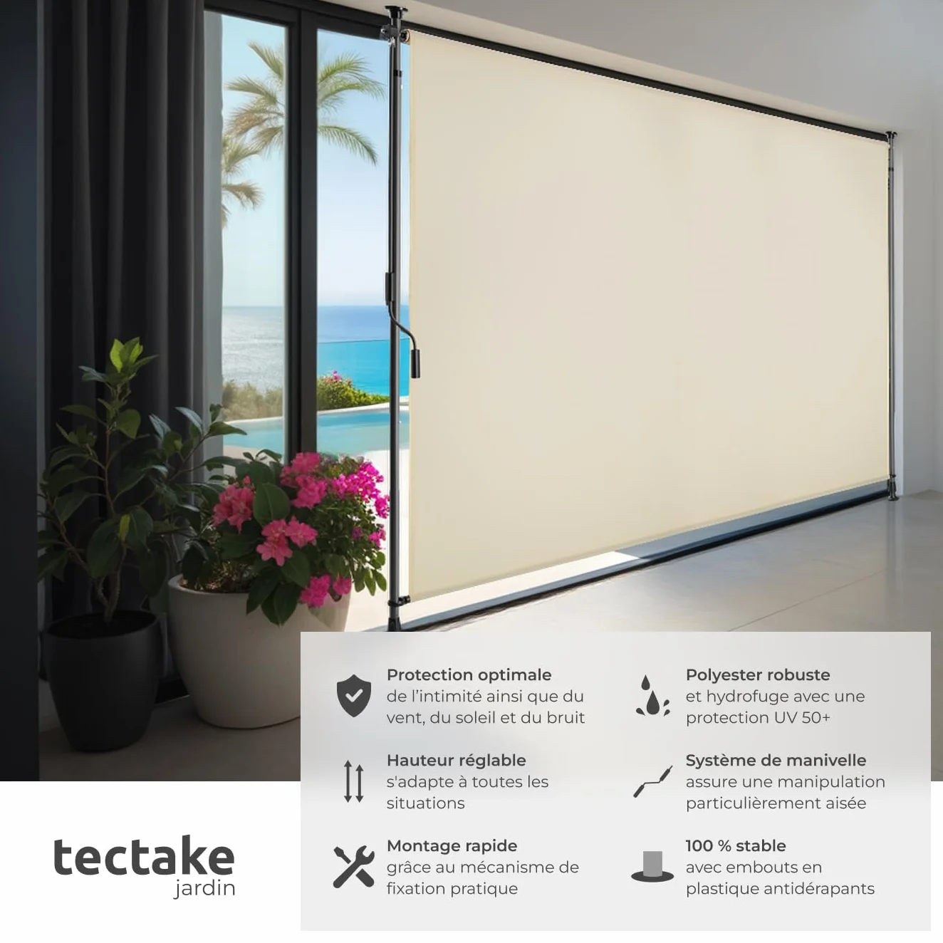Store Banne sans Perçage Vertical avec Manivelle, Brise Soleil Opaque en Acier laqué époxy - Beige, 200 x 310 cm
