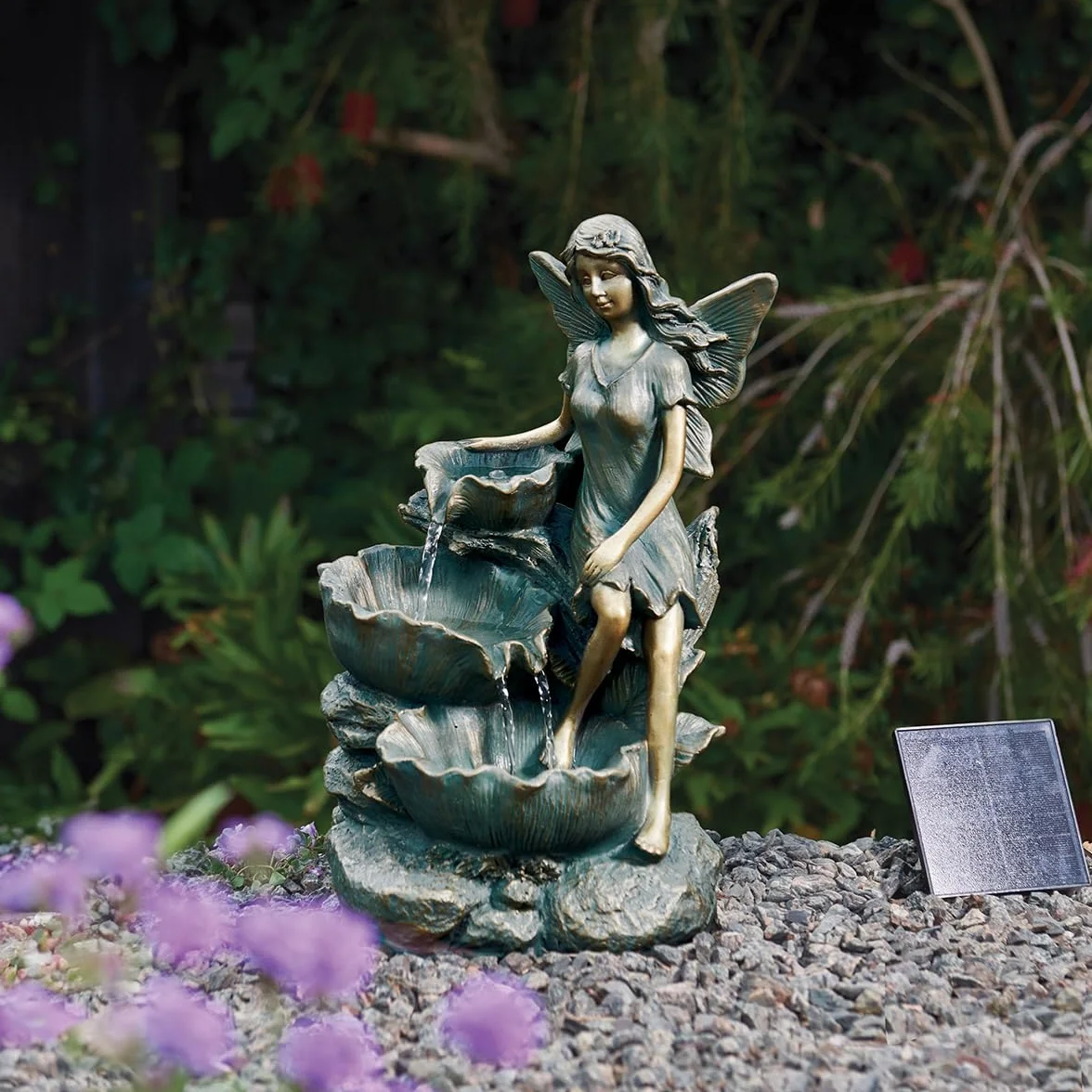 Festive Lights Fontaine LED solaire de 41 cm en forme de fée avec cascade, fontaine solaire pour jardin, intérieur et extérieur, fontaine solaire pour l’extérieur, fontaine de jardin en bronze