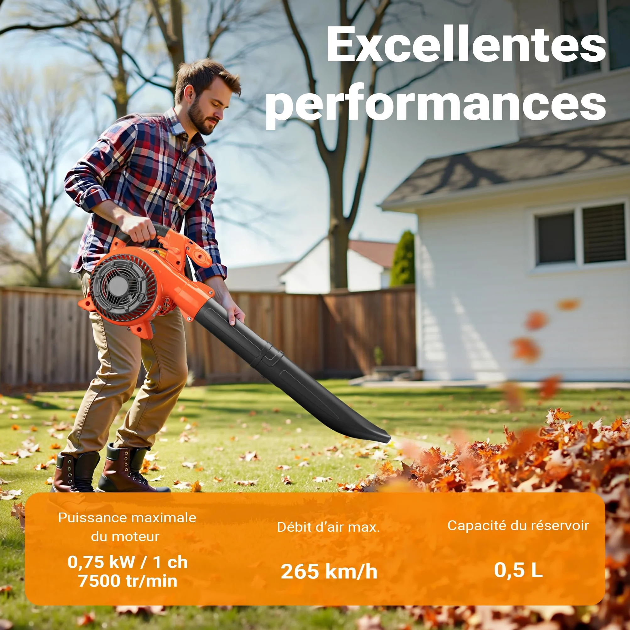 Wiltec Outil Multifonction 3 en 1 – 580 x 290 x 390 mm – Essence 0,5 l – 0,75 KW 1 CV – Sac collecteur 50 l – Aspirateur Souffleur de Feuilles mortes & Broyeur végétaux – Jardinage