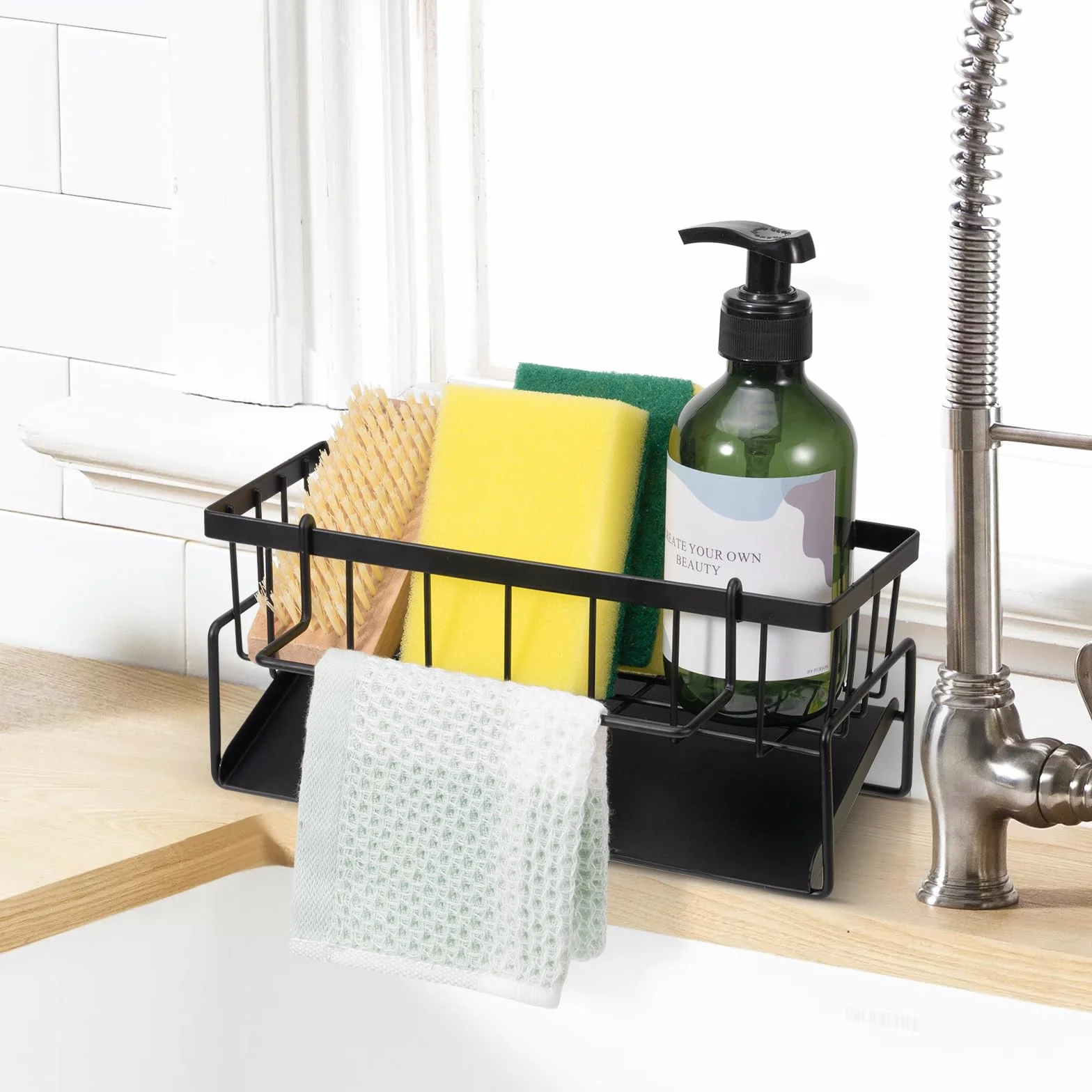 Support d'évier de cuisine en acier inoxydable avec vidange automatique, porte-serviettes et porte-éponge