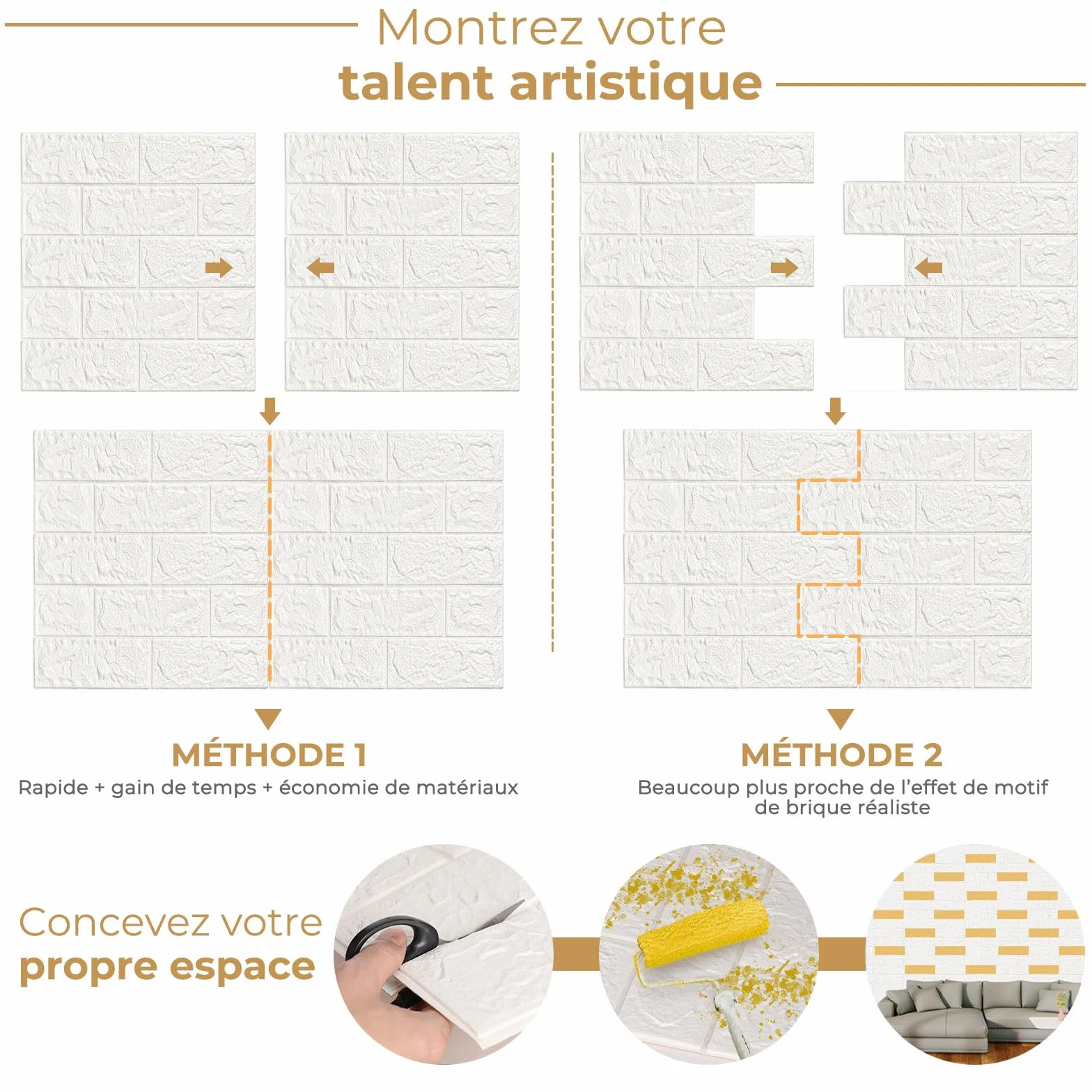 LeapBeast 10Pcs Papier Peint Mural 3D, Blanc Brique, Effet Pierre, Autocollant Adhésif Mousse Polyéthylène Amovible