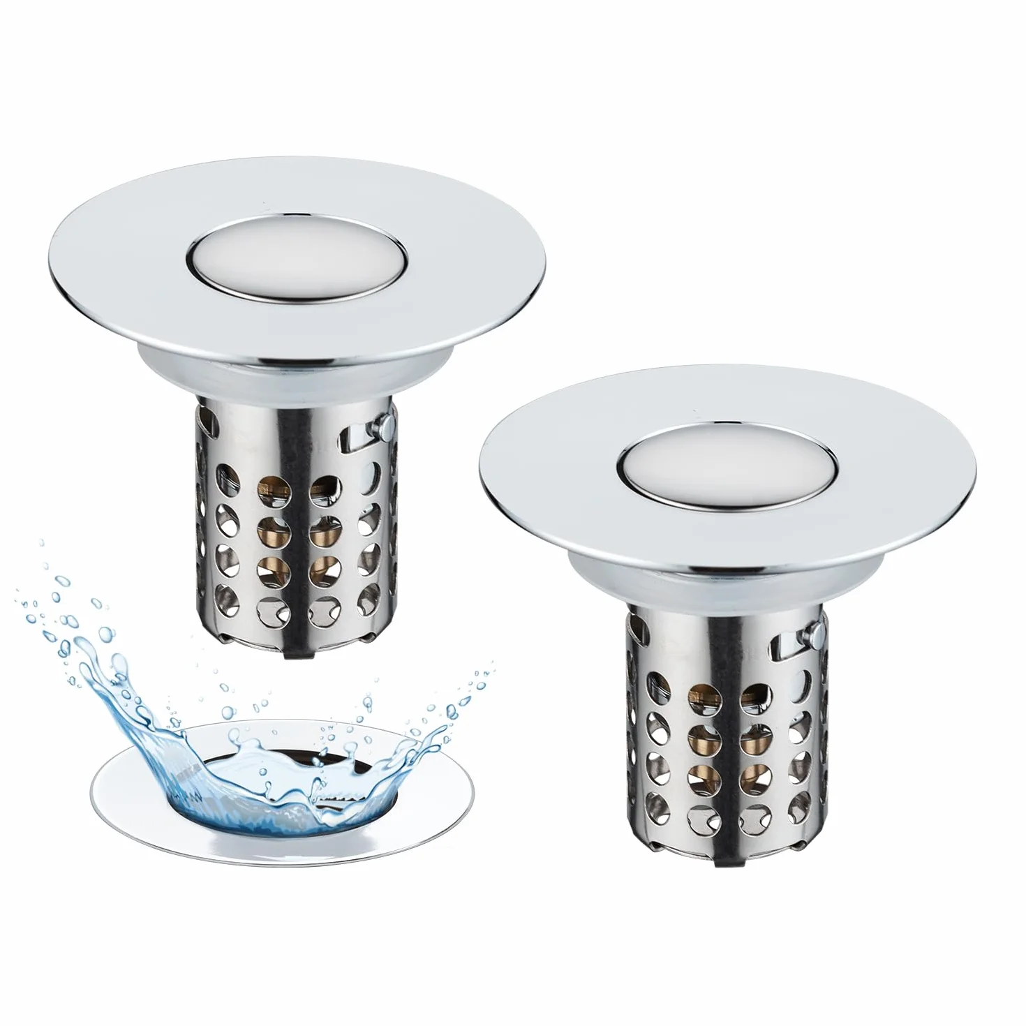 Lot de 2 filtres de vidange Pop-up 3 en 1 Acier Inoxydable Tamis Panier filtrant Amovible pour lavabo 28-58 mm Noyau sphérique Laiton chromé