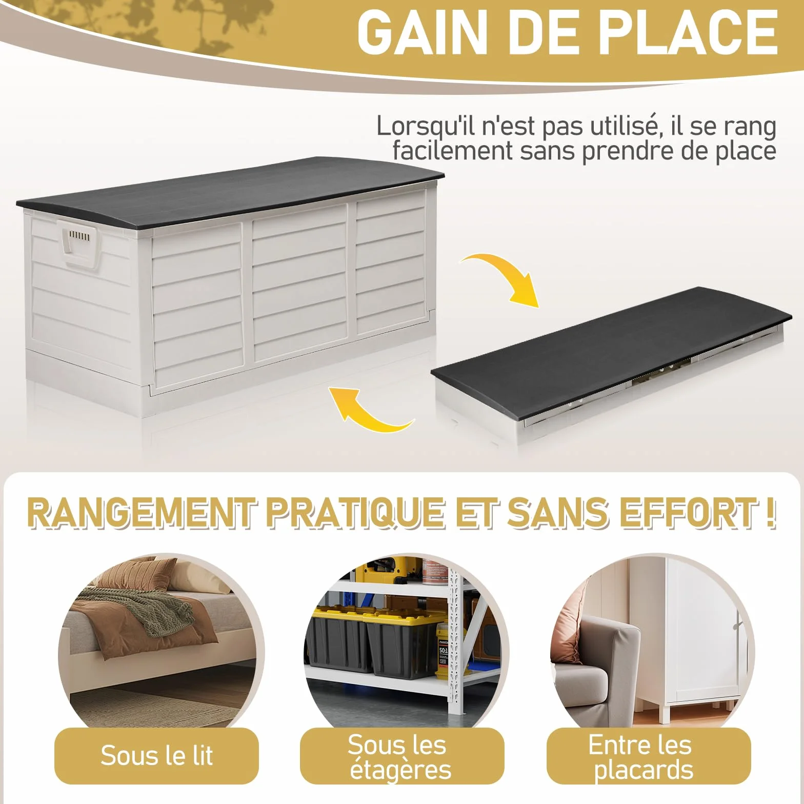 Coffre de jardin extérieur pliable 284 L imperméable résistant aux UV avec poignées et roues Noir et blanc
