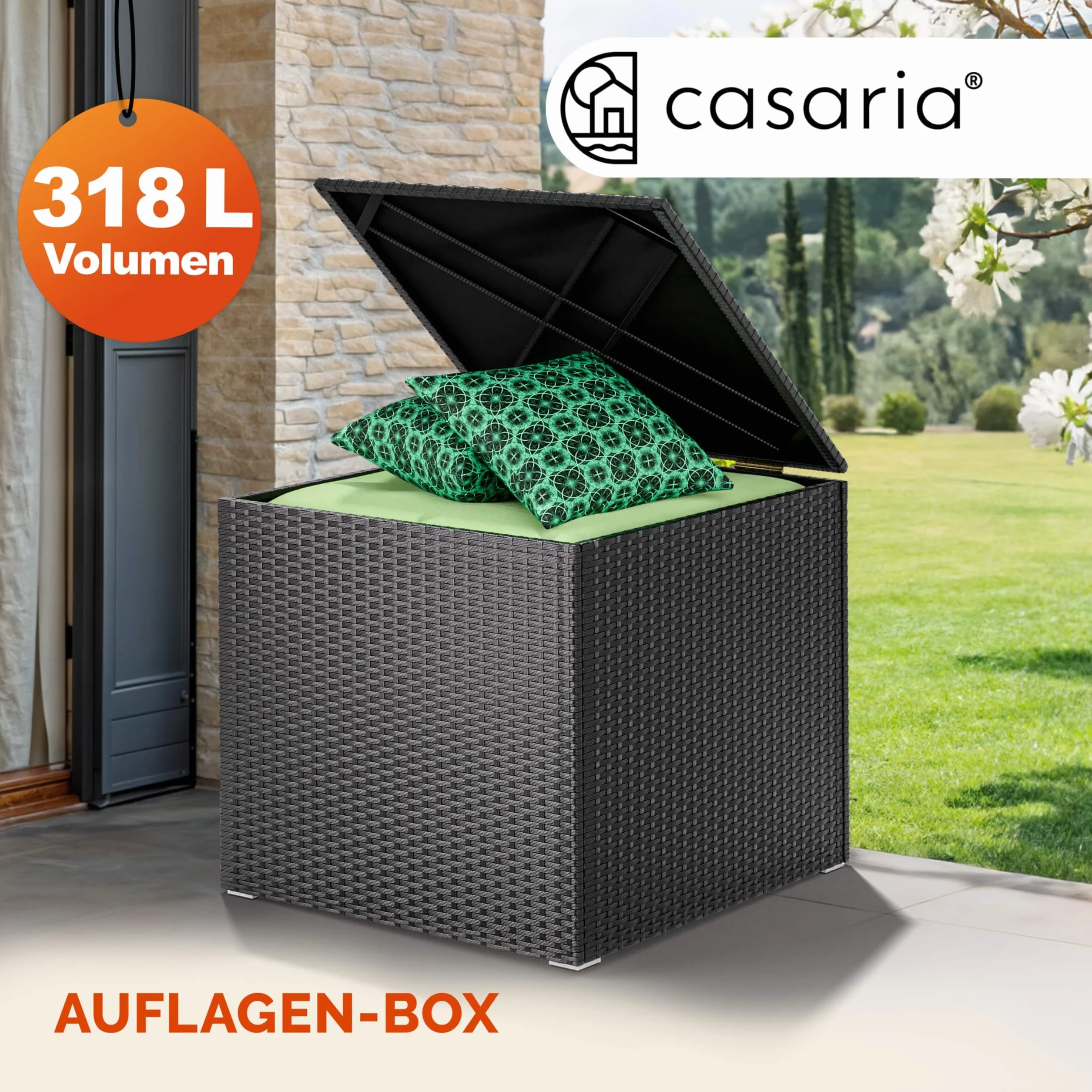 Casaria Coffre de rangement 318 L 75x75x70cm Polyrotin Résistant intempéries Imperméable Balcon Noir