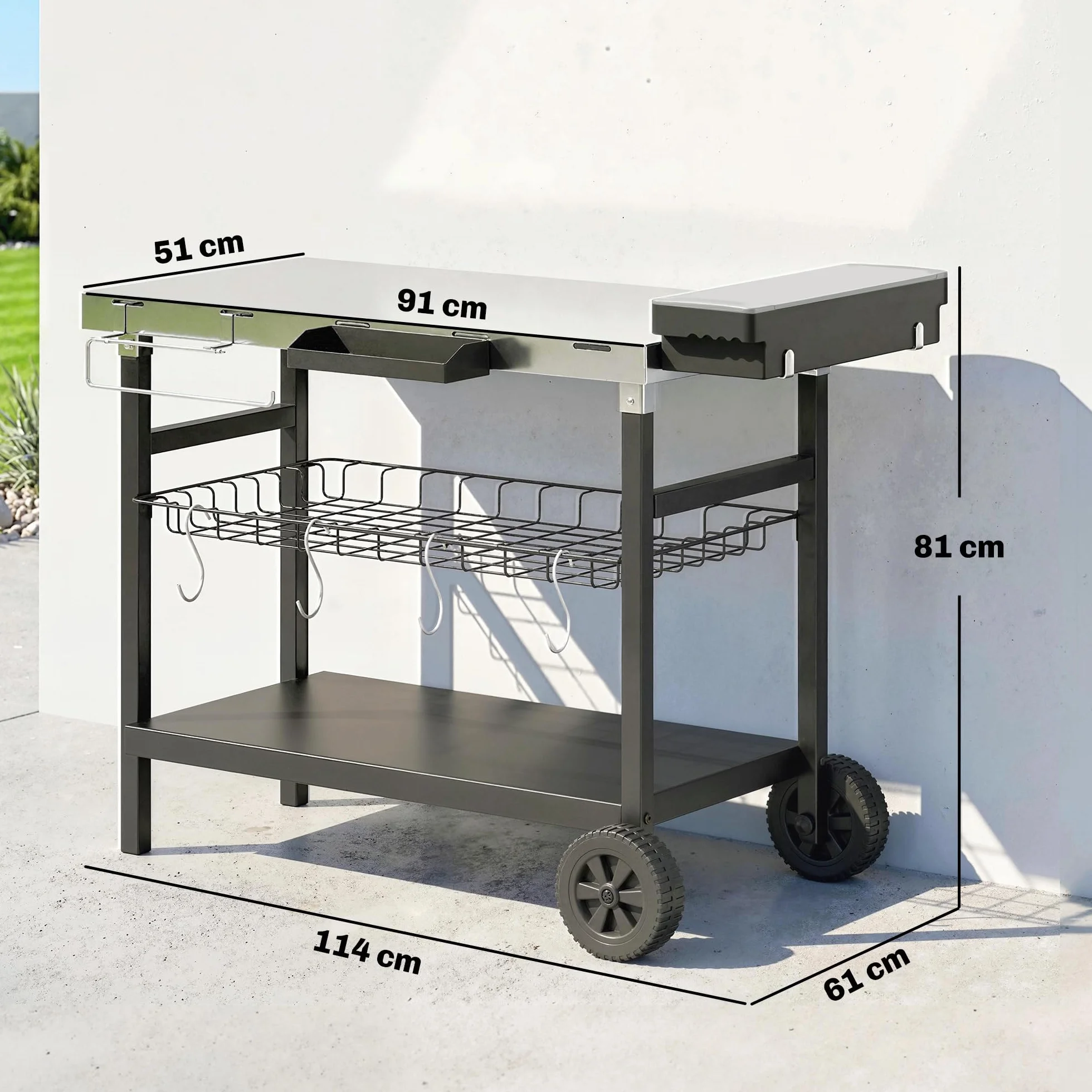 Outsunny Chariot Barbecue 3 Niveaux Inox avec Plan de Travail, Panier Amovible, Noir