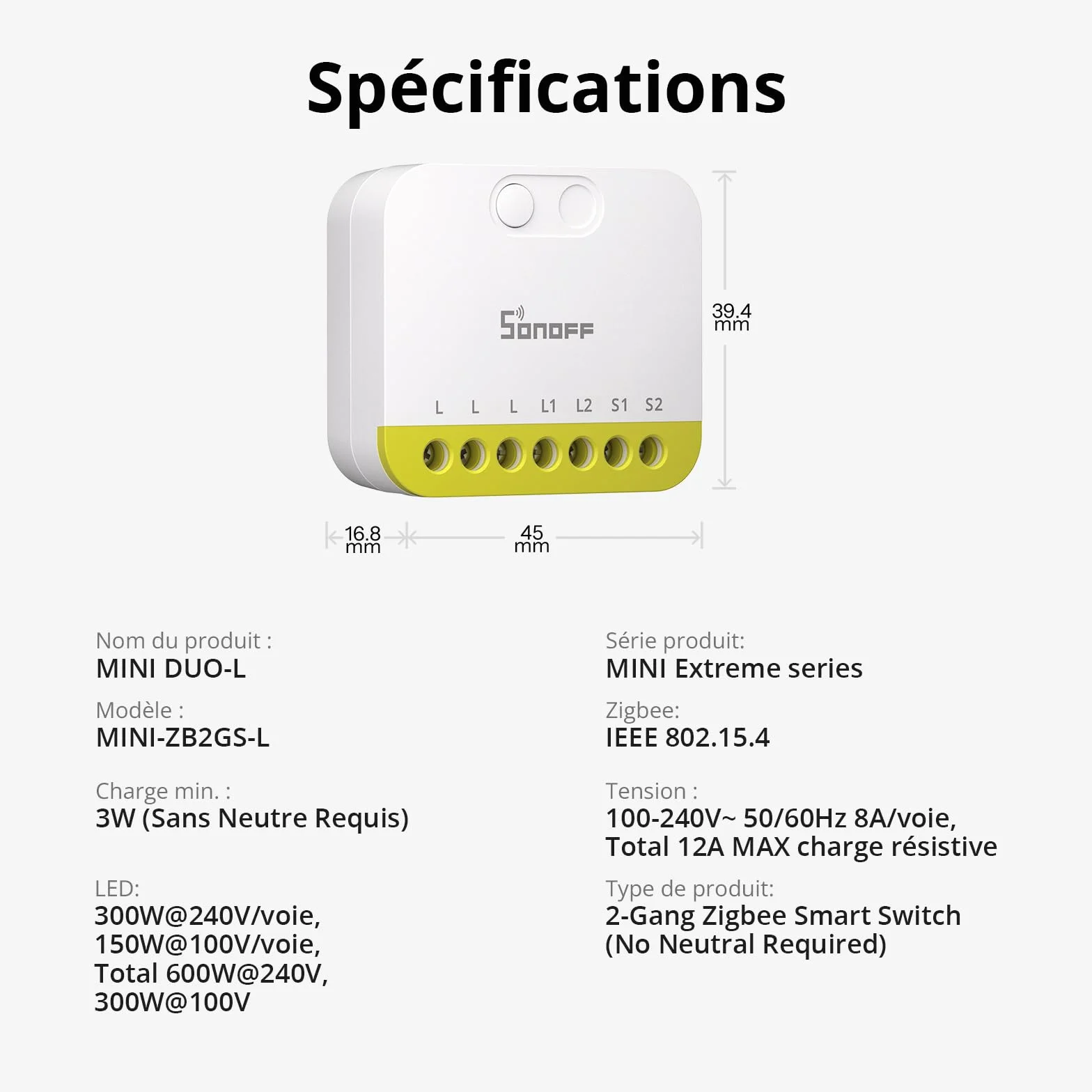 Interrupteur intelligent SONOFF MINI DUO-L Zigbee 3.0 Double canal Pas de fil neutre