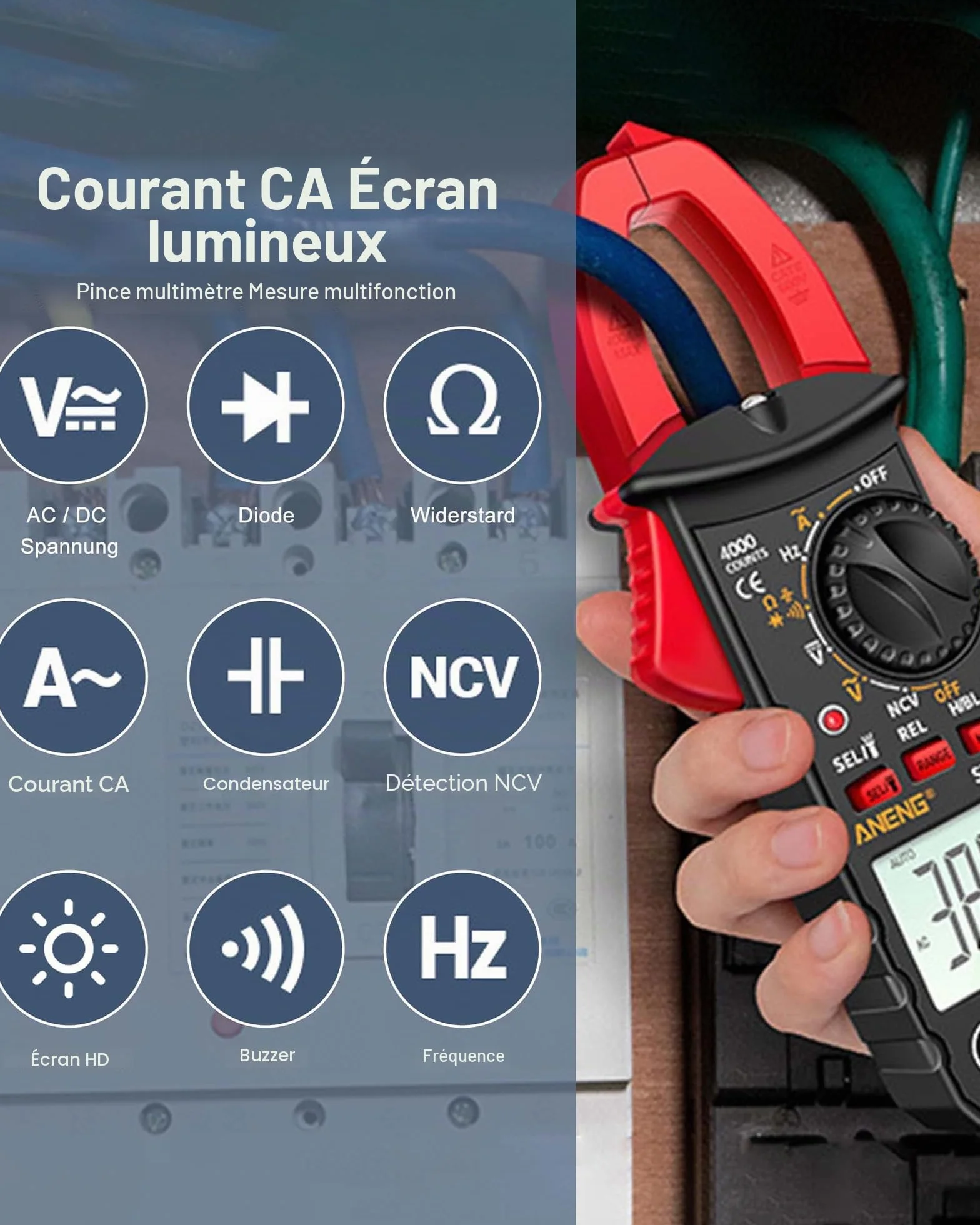 Pince d'alimentation numérique AC/DC True-RMS 4000 comptage ampèremètre avec sélection automatique de la gamme