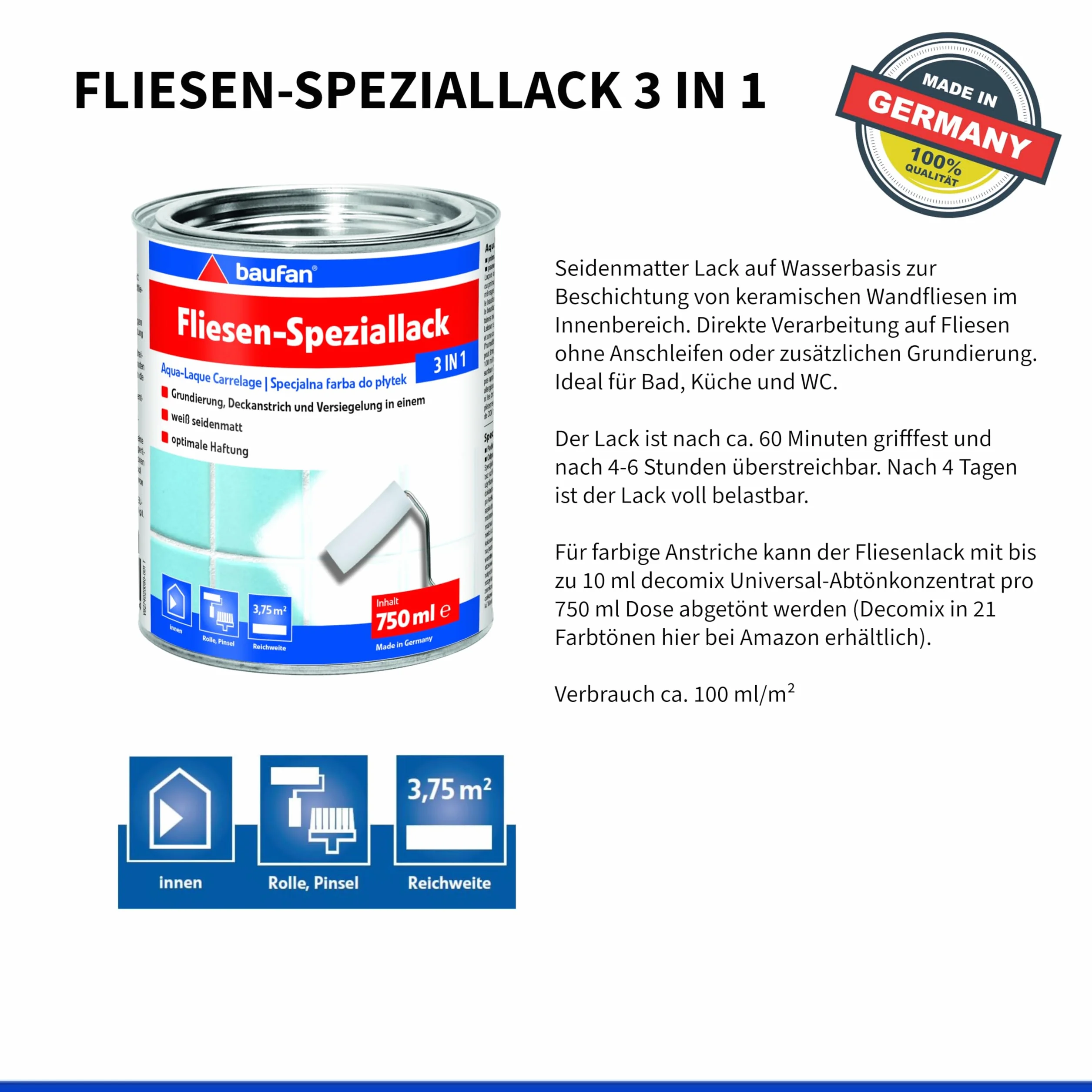 Baufan 3in1 Vernis Spécial Blanc Satiné Salle de Bain Cuisine Intérieur Peinture Carrelage Finition Vitrification