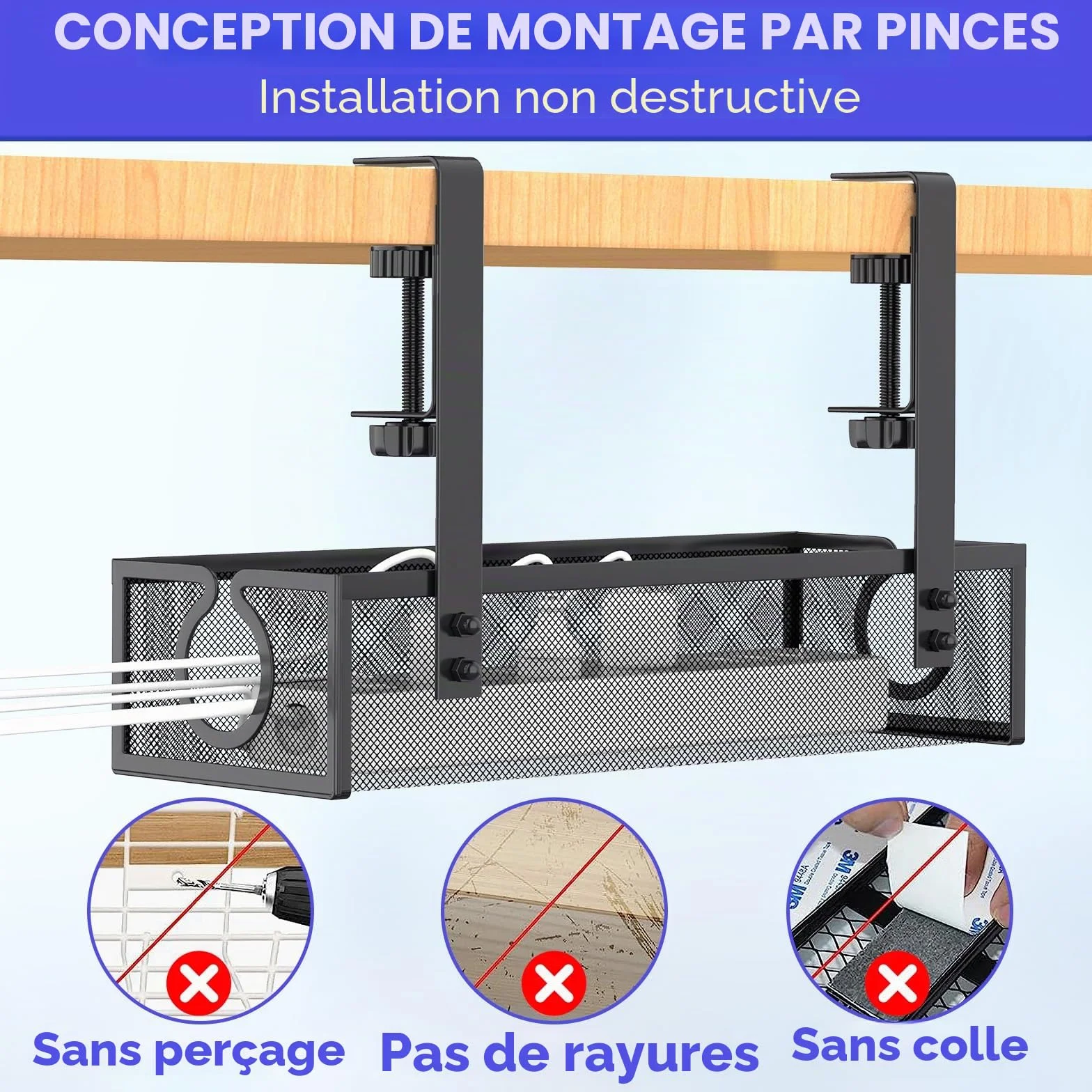 DECOHOME Plateau de Gestion des câbles sous Bureau, Panier de câbles en Maille sans perçage, Organisateur de Fils
