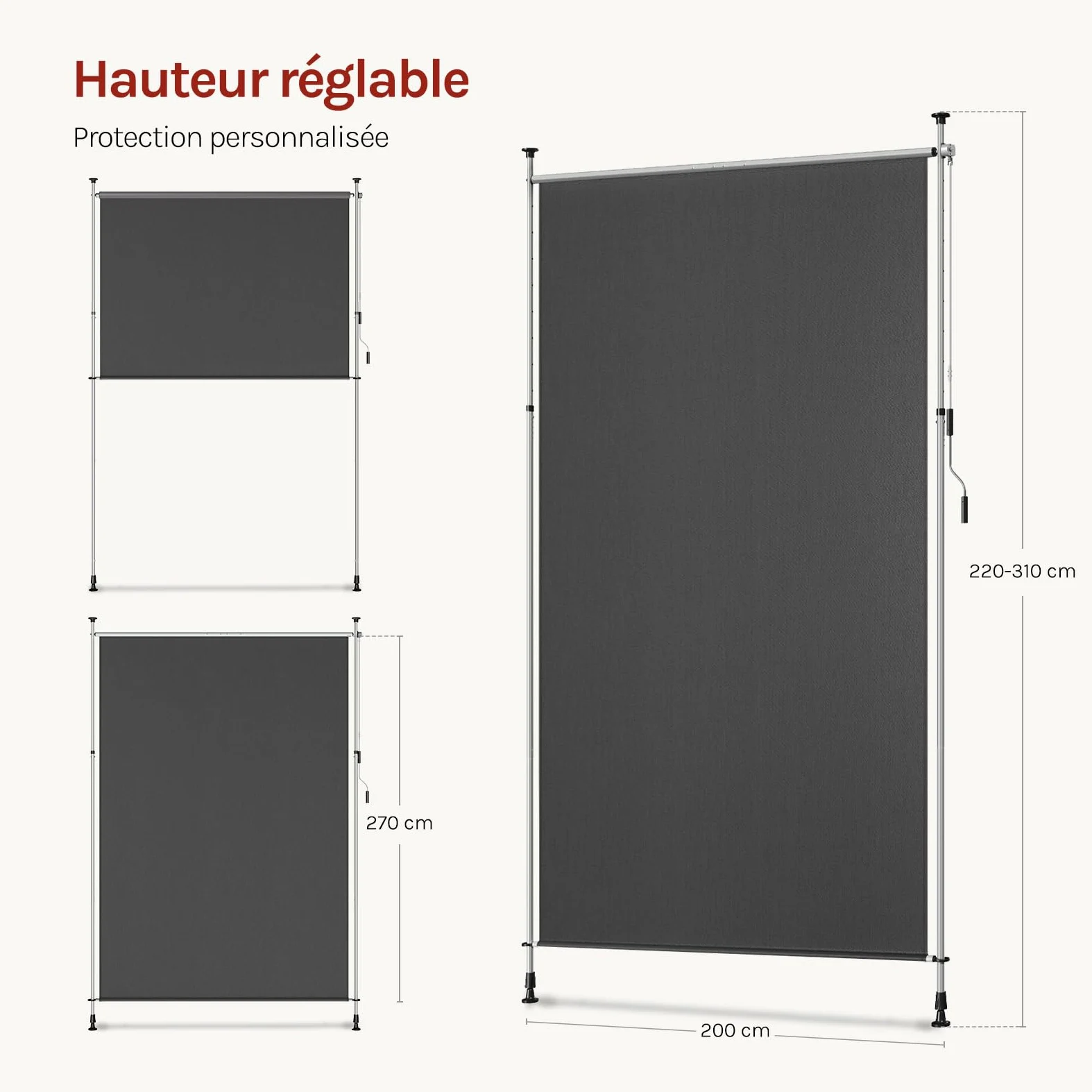 WOLTU Store Vertical Rétractable avec Manivelle, 200x310 cm, Brise-Vue Vertical Balcon, en Tissu Opaque, Protection Solaire, Résistant aux Intempéries, Montage sans Perçage, en Gris
