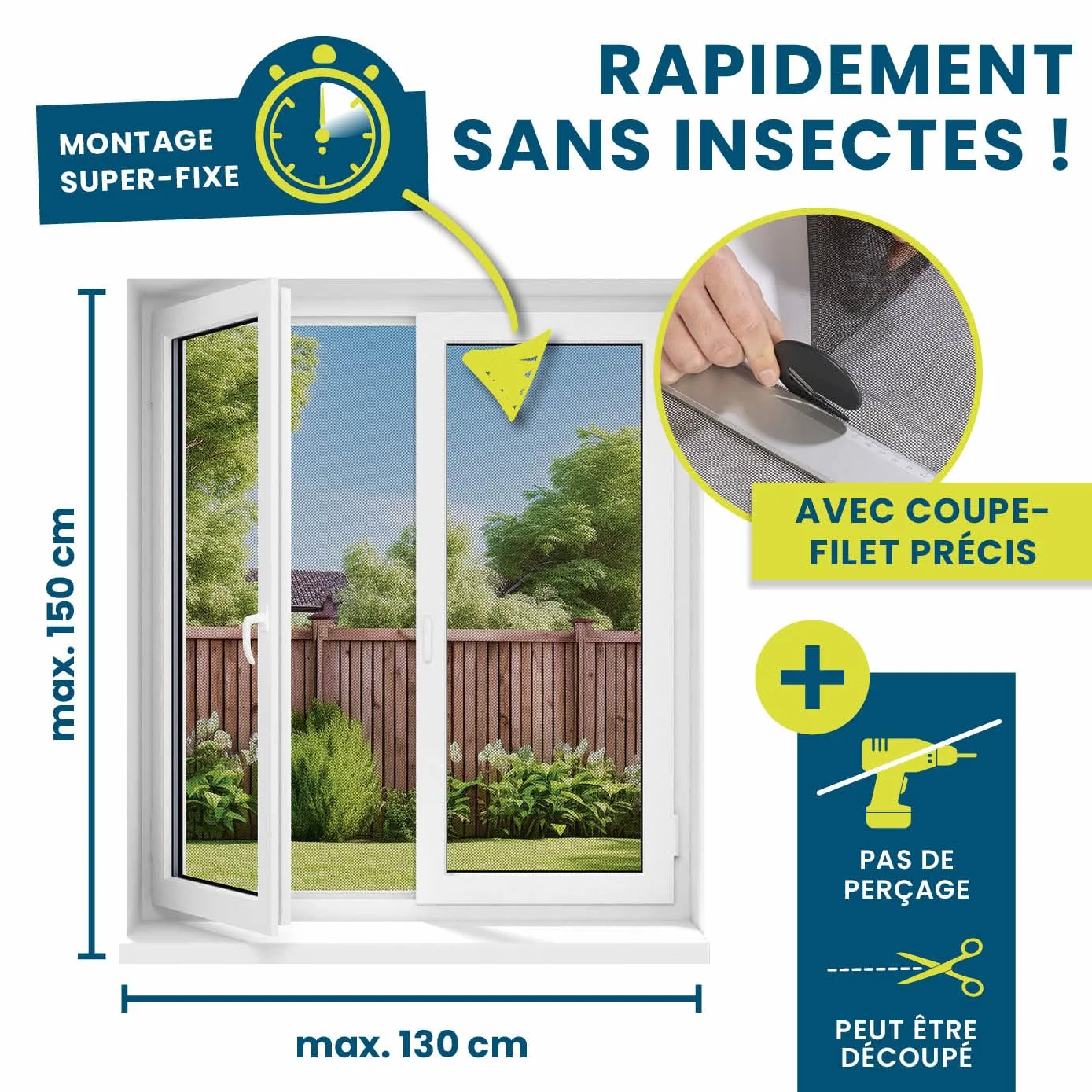 Hoberg Moustiquaire de fenêtre Fixation magnétique 150 x 130 cm découpable Noir