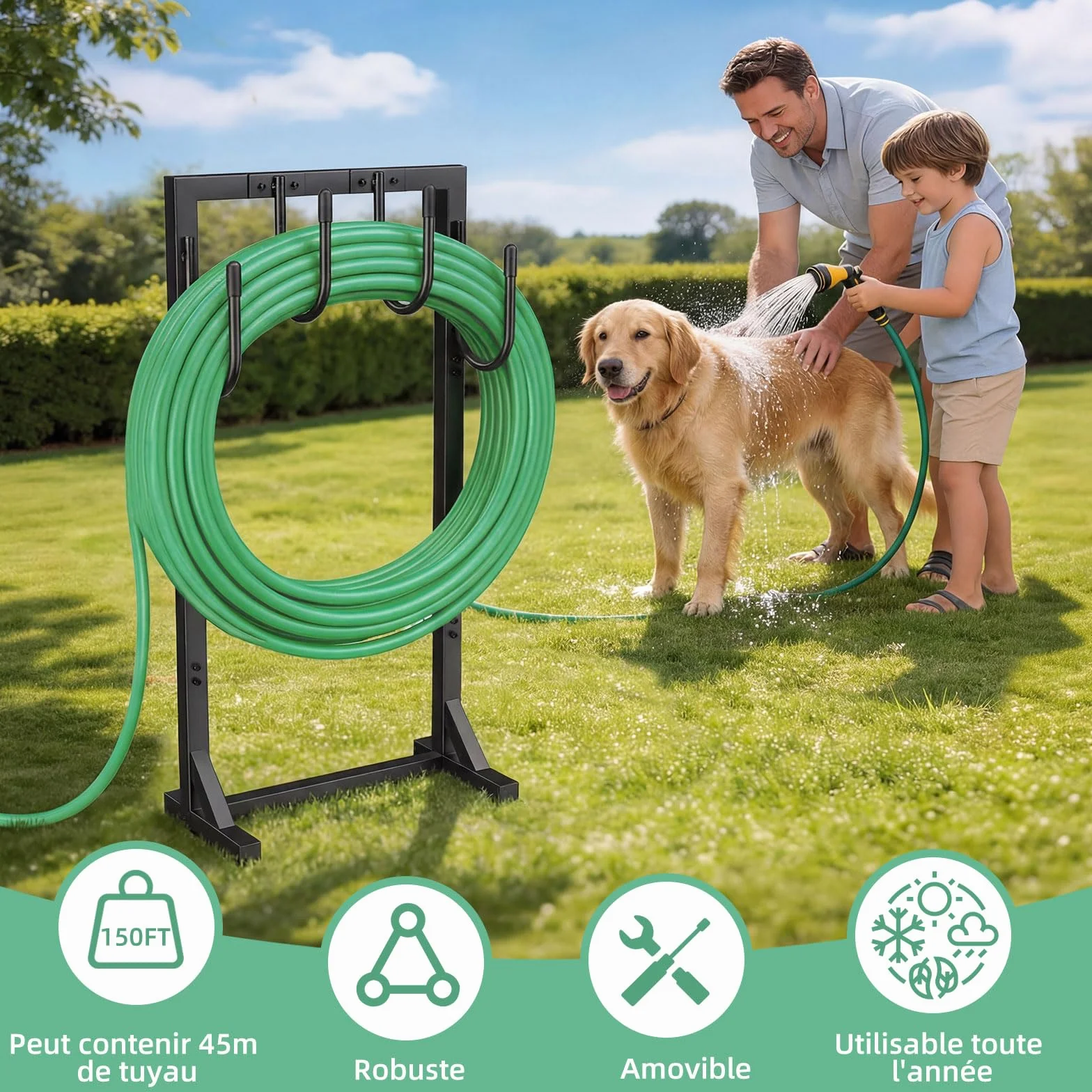 Support pour Tuyau d'arrosage 109,5 cm Enrouleur Métallique 45 mètres 4 Crochets Jardin