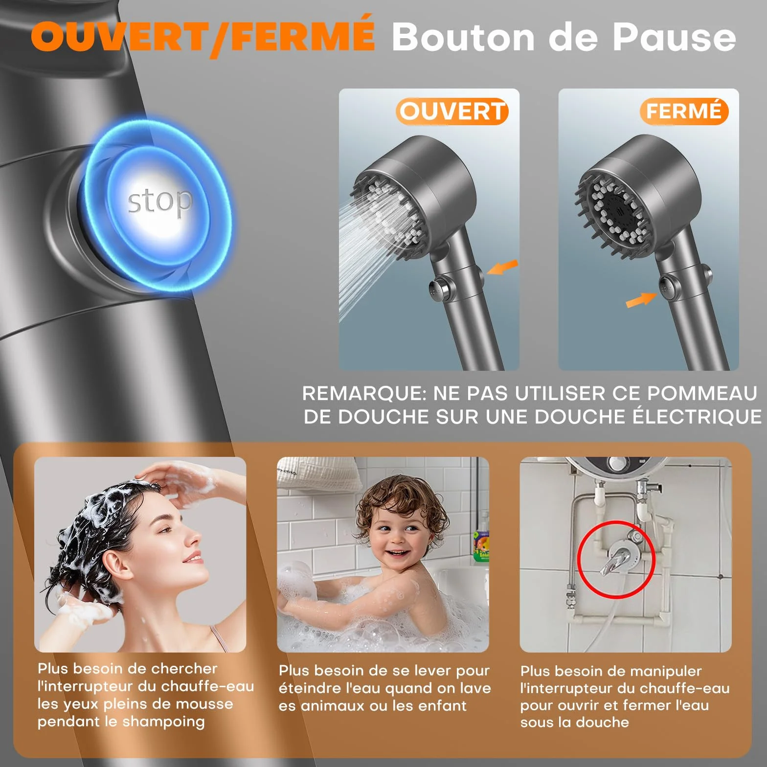 FEELSO Pommeau de Douche Anti Calcaire avec Filtre 15 Couches, 3+1 Jets Haute Pression, Stop Eau, Économie d'Eau (Gris)