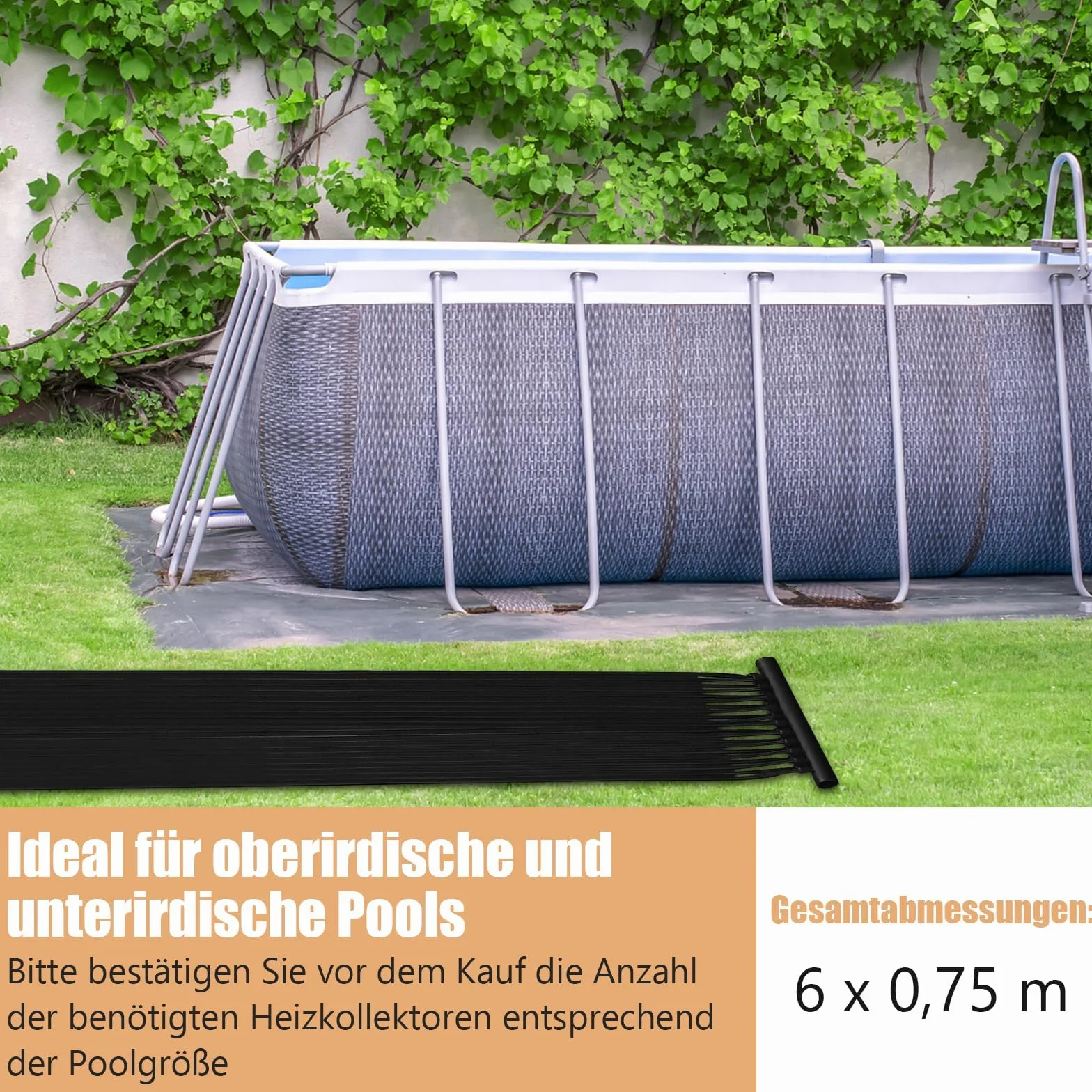 FANTASK Chauffage Solaire de Piscine 600 x 75 cm Panneau Solaire Polyéthylène Résistant UV Noir
