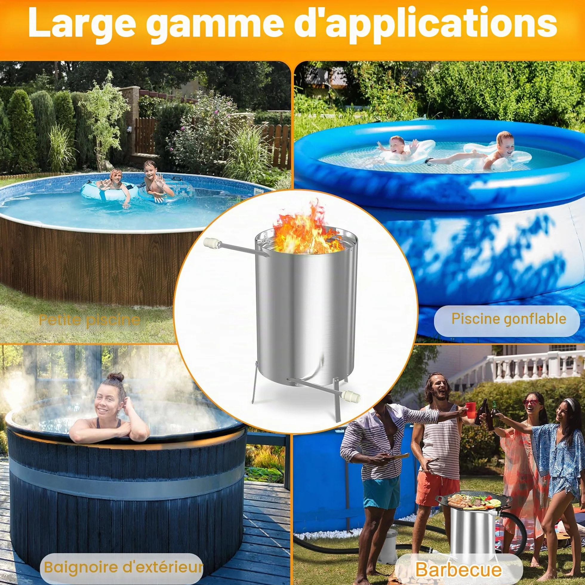 Brasero de piscine en acier inoxydable Ø 32/38 mm avec spirale chauffante et tapis ignifuge