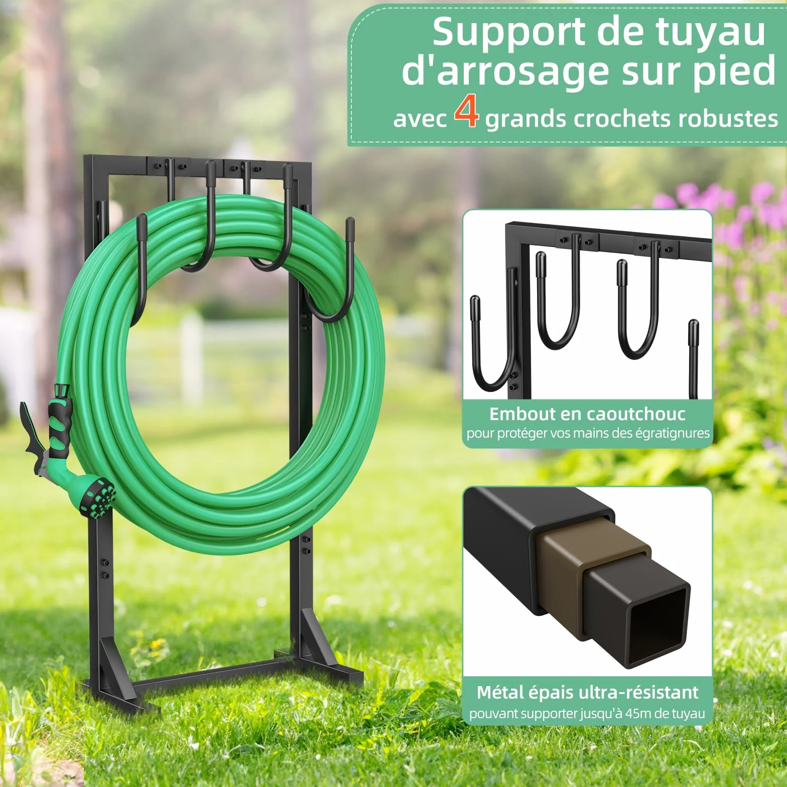 Support pour Tuyau d'arrosage 109,5 cm Enrouleur Métallique 45 mètres 4 Crochets Jardin