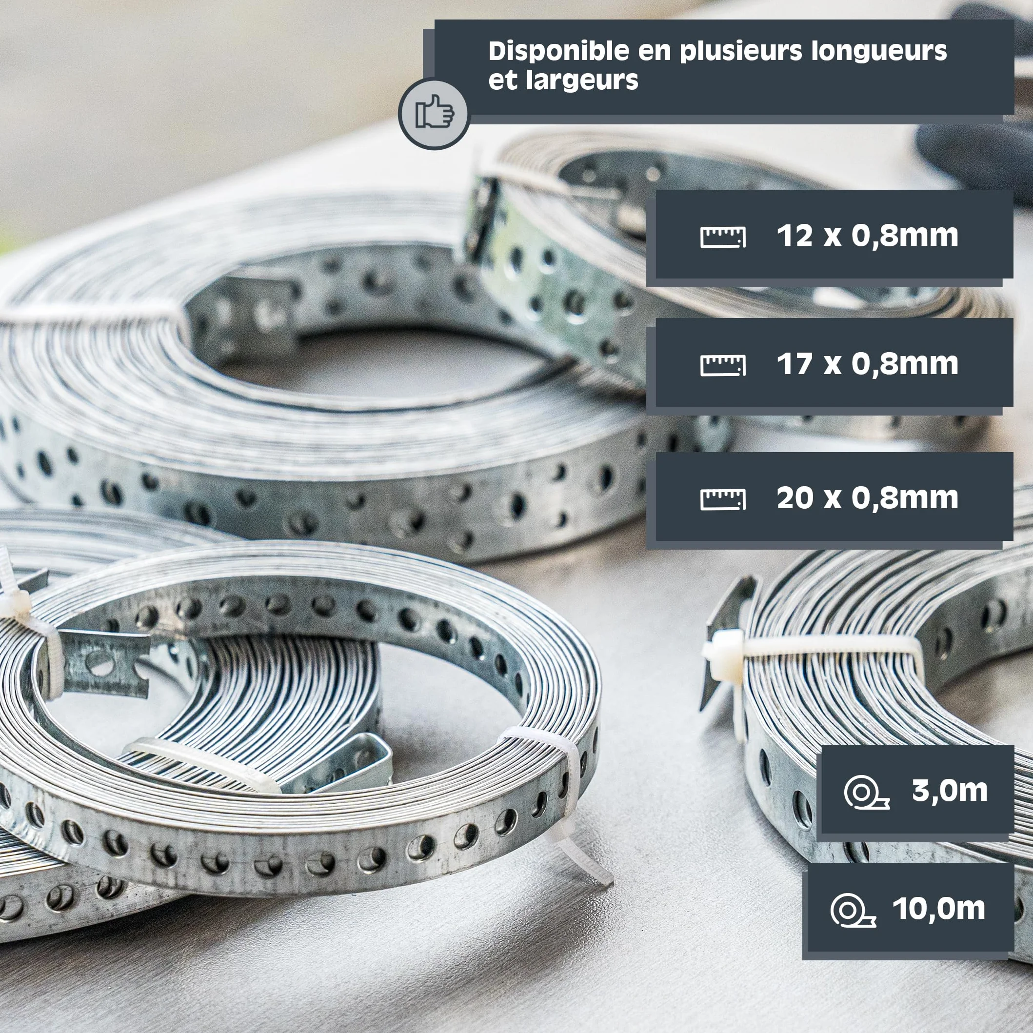 Bande perforée acier galvanisé sendzimir 10 m x 20 mm x 0,8 mm