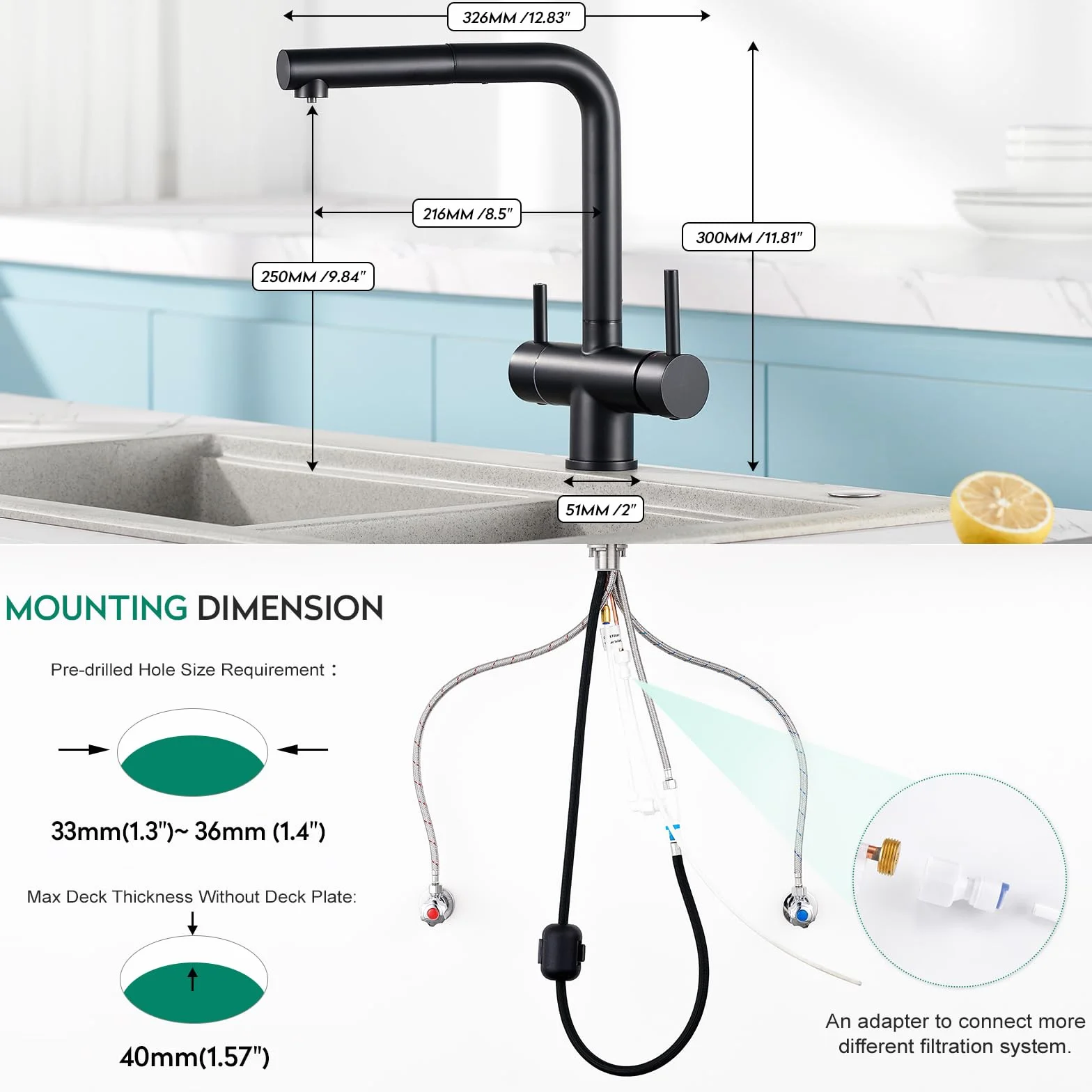 CREA Robinet Cuisine 3 Voies avec Douchette Extractible, Mitigeur Pivotant 360°, Noir Mat