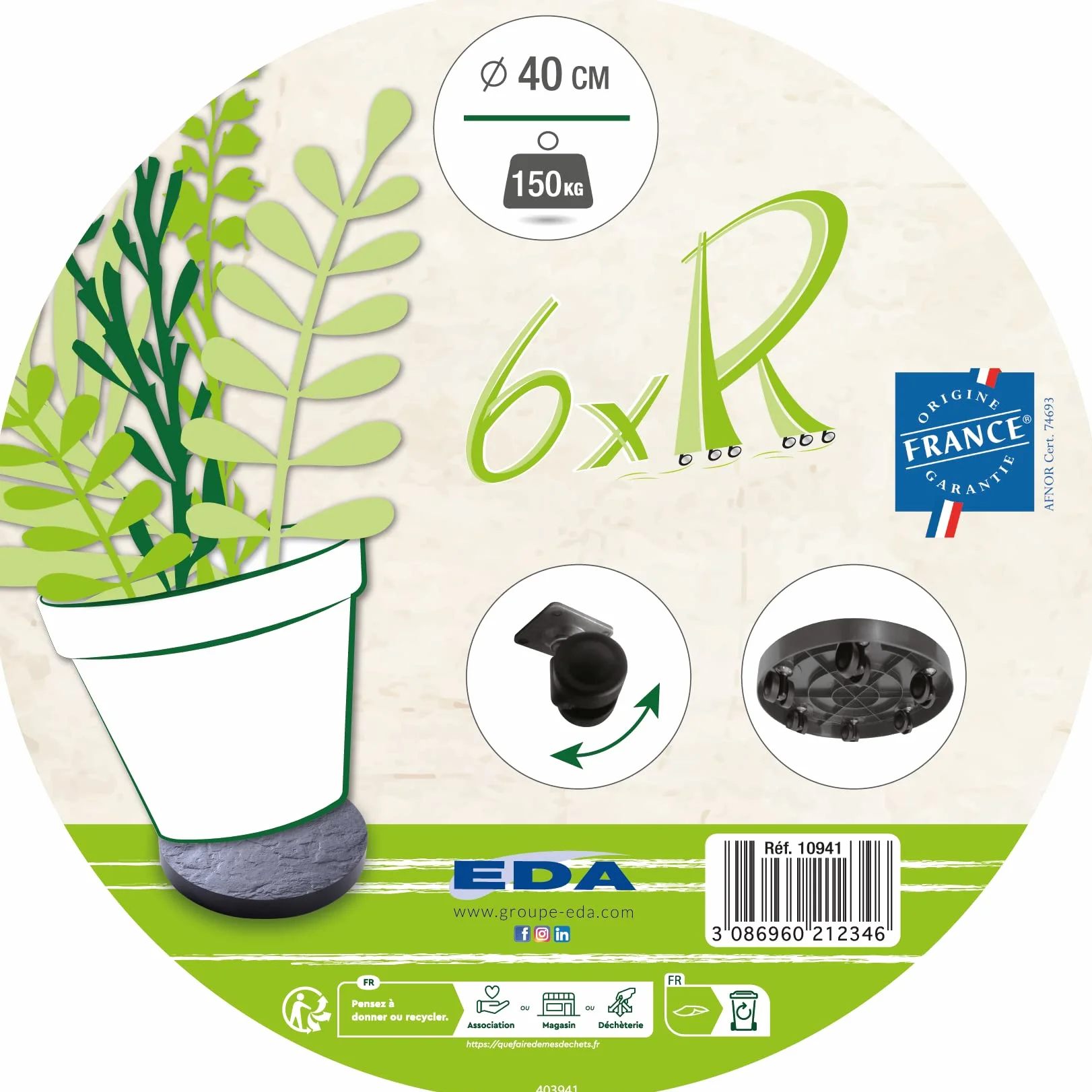 Support à roulettes pour Plantes Ø 40 cm 6 Roues Multidirectionnelles Charge 150 kg Gris Ardoise