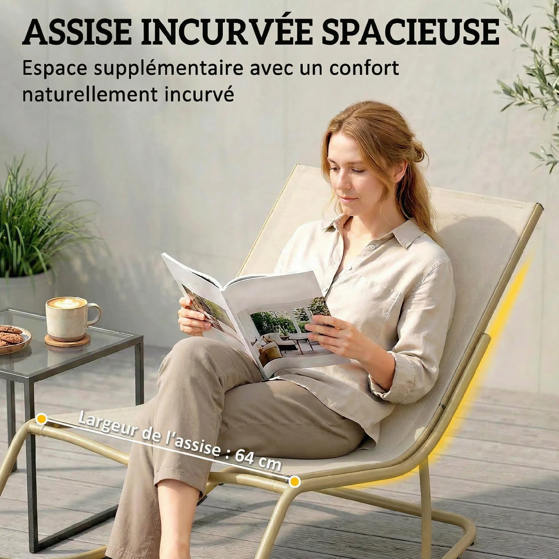 Outsunny Fauteuil à Bascule Extérieur avec Coussin Moelleux 125cm - Rocking Chair Large 64cm en Acier et Textilène - Chaise Bercante de Salon et Balcon, Beige et Doré