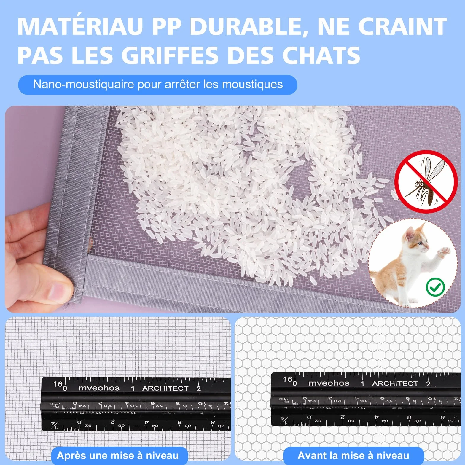 Moustiquaire Fenetre Adhésive avec Fermeture Éclair 110x120 cm Bande Auto-agrippante Transparent Tissu PP Respirant Réutilisable Lavable Gris Clair