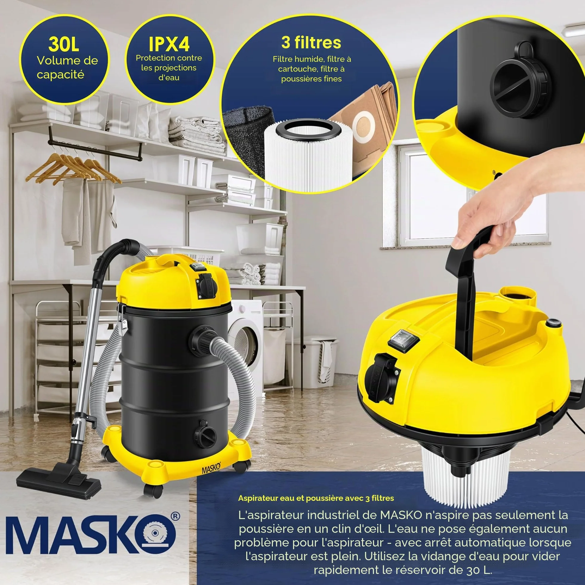Masko Aspirateur Industriel 6IN1 2300 W Eau et Poussière Soufflage Sec Humide