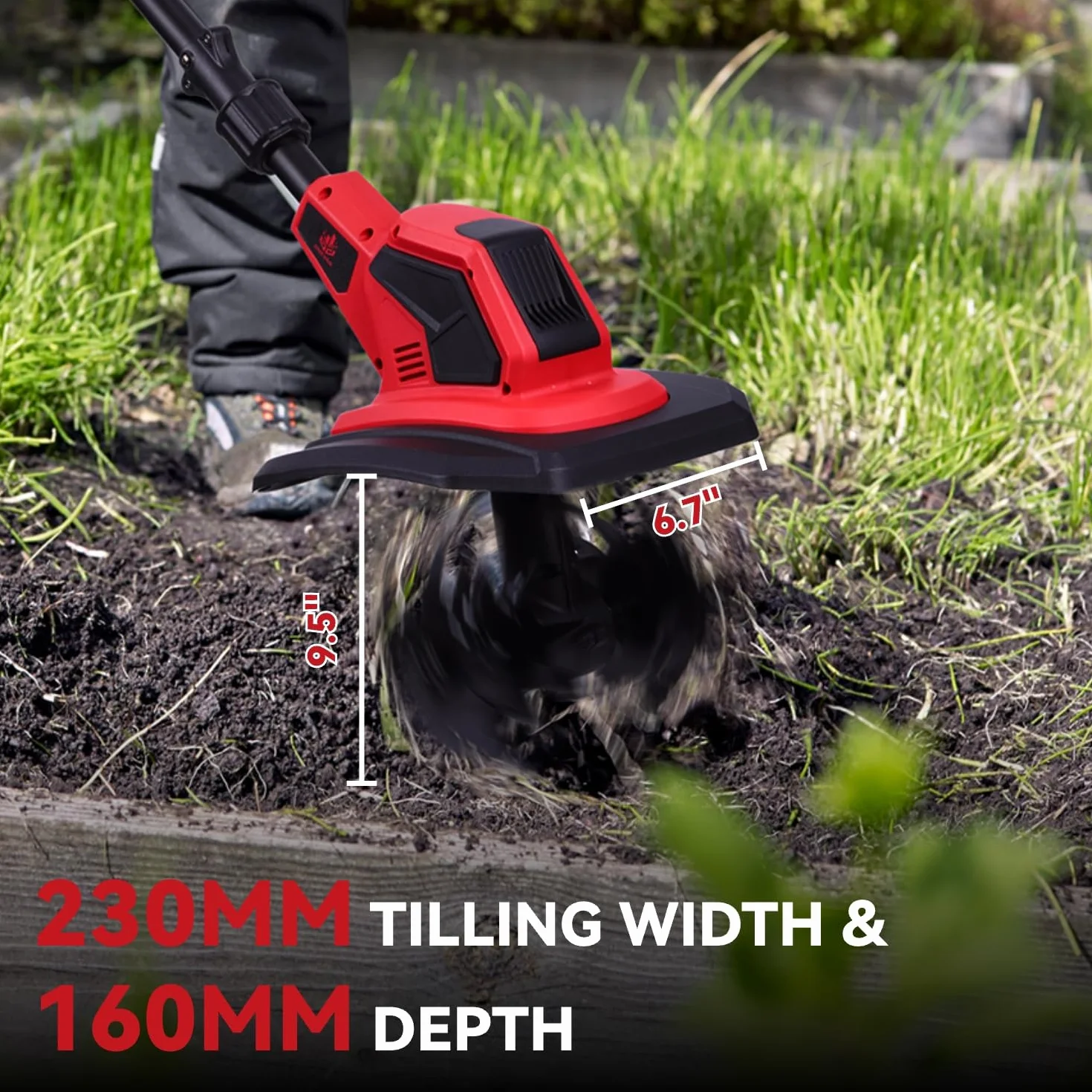 Motobineuse Electrique - 550W Motoculteur électrique sans Balais, Largeur 17 cm, Profondeur 24 cm, Motobineuse sans Fil avec Poignée Réglable, avec 2 Batteries de 4,0 Ah, pour Jardinage et Cultivate
