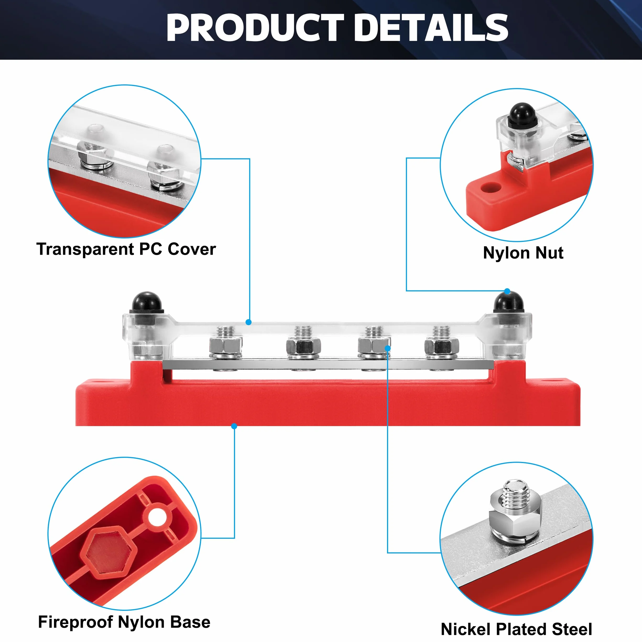Bloc de Distribution Alimentation 12V-48V DC Barres de Distribution BusBar 150A 6 x M6 Boulons de Borne Rouge