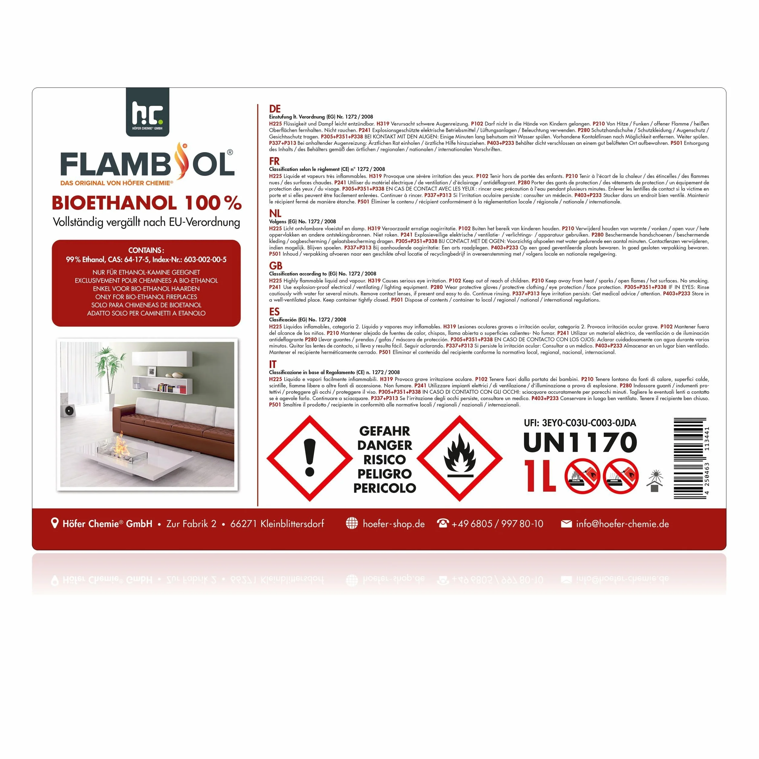 Höfer Chemie FLAMBIOL® Bioéthanol 6 x 1 L Ultra Pur 100% Combustible Écologique pour Cheminées