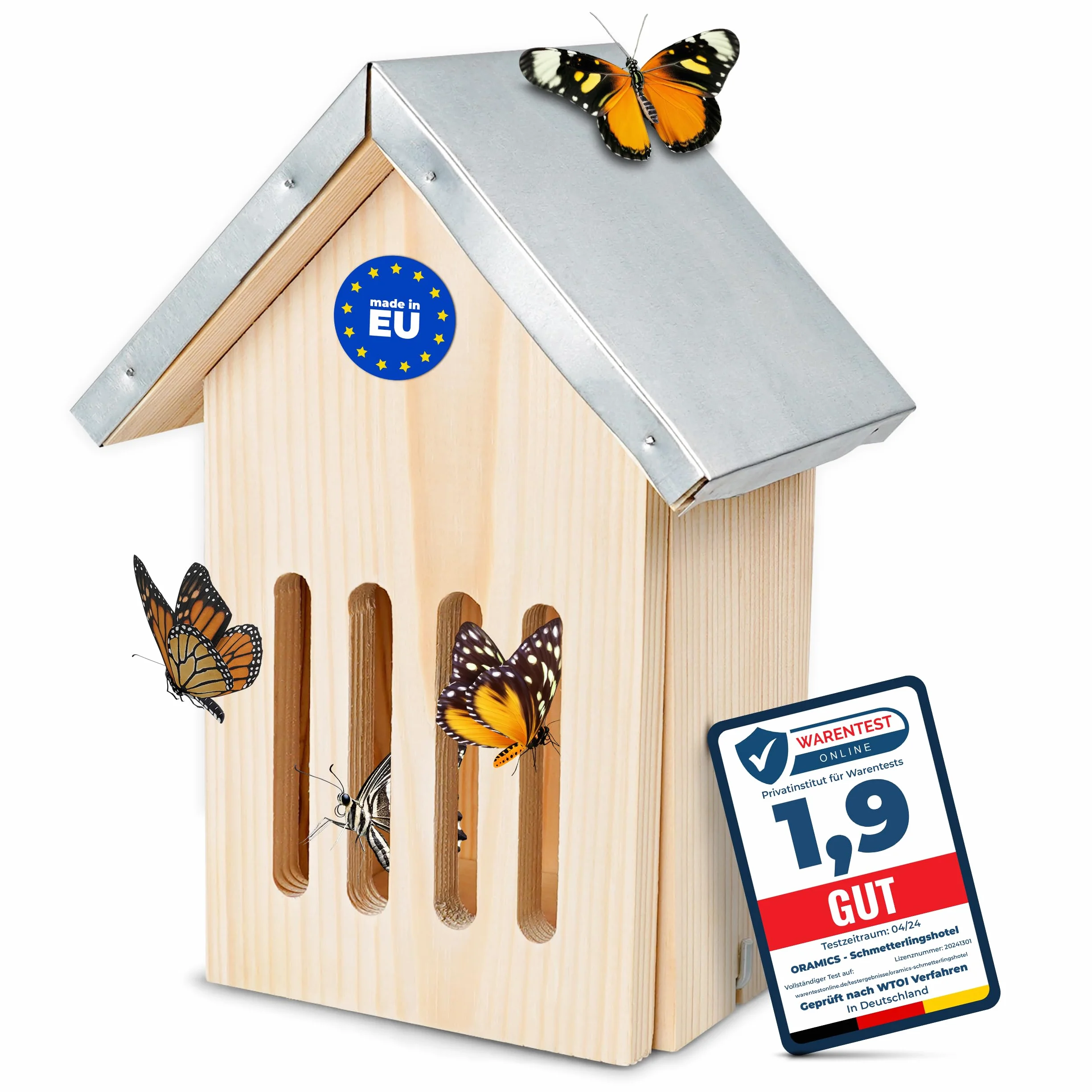 Oramics Maison à papillons en pin avec toit en métal résistant aux intempéries pour jardin et balcon