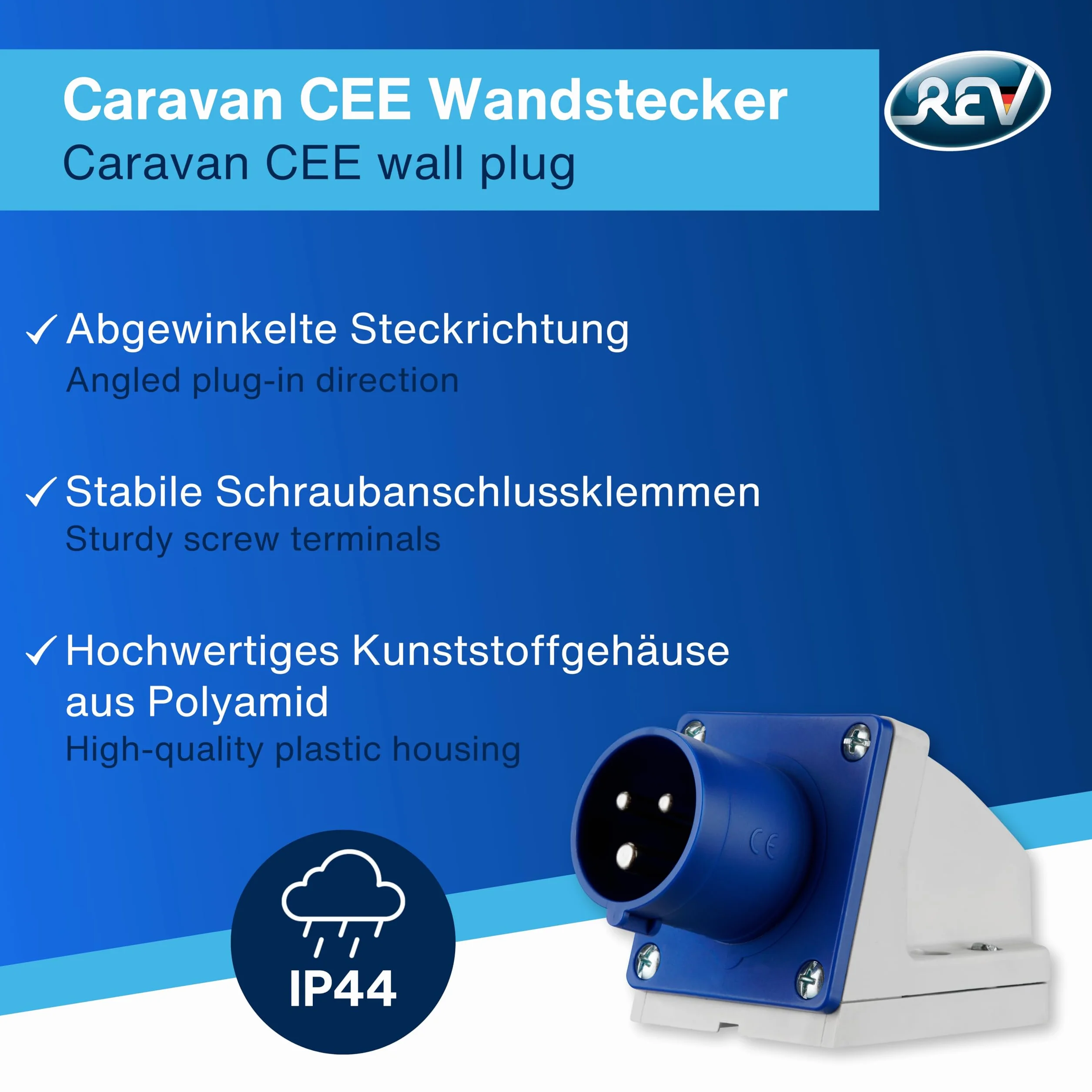 Prise murale CEE 230 V 3 pôles 1Ph+N+PE IP44 bleu