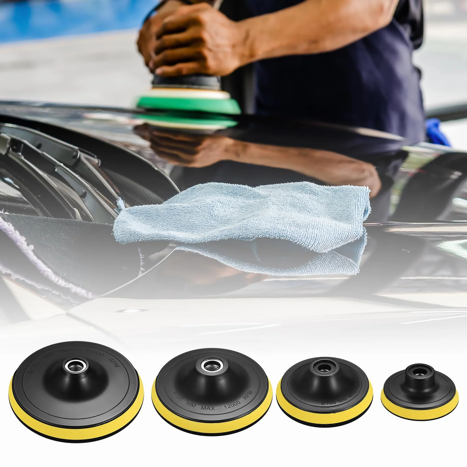 Lot 4 tampons polissage ponceuse orbitale voiture, plaque support tailles 7,6/10,2/12,7/15,2 cm adaptateur M10/M14